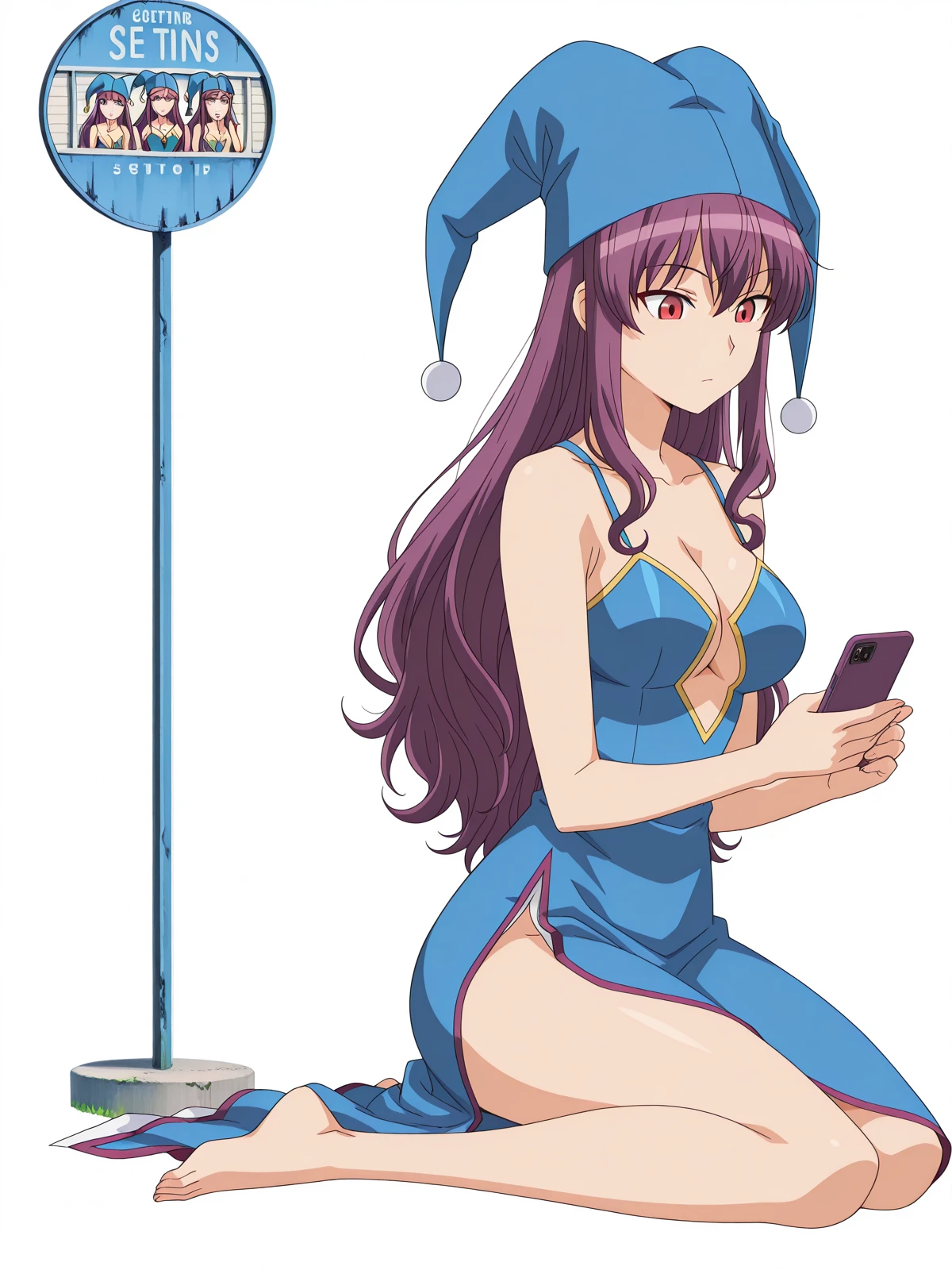 masterpiece, best quality, amazing quality,, <lora:kaibutsuoujo-witch-s1-illustriousxl-lora-nochekaiser:1>, witch, long hair, red eyes, purple hair, sidelocks, mature female, medium breasts, anime screencap, hat, dress, cleavage, dress, blue dress, sleeveless dress, collarbone, bare shoulders, sideslit, jester cap, <lora:cobra-pose-illustriousxl-lora-nochekaiser:1>, cobra pose, full body, lying, from side,, bus stop, waiting, commuter, smartphone, checking time, cold morning, cowboy shot, solo, looking at viewer, <lora:transparent-background-illustriousxl-lora-nochekaiser:1>, transparent background, simple background, white background