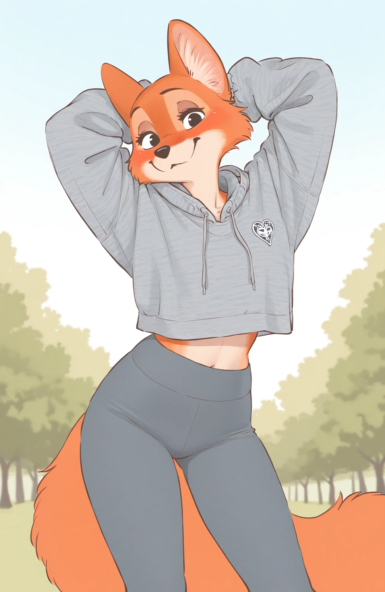 masterpiece, best quality, newest, absurdres, lazypos
m4r14n-p3np3n-st4le, orange fur, fluffy tail, black eyes, ears
grey leggings, patterned hoodie, crop top overhang, oversized clothes, arms up, stretching, hip bones, contrapposto, outdoors, sunlight, sleepy, <lora:marl_texture_v0.4-illu10:1>
<lora:Marian-PenPen-style_il:0.9>