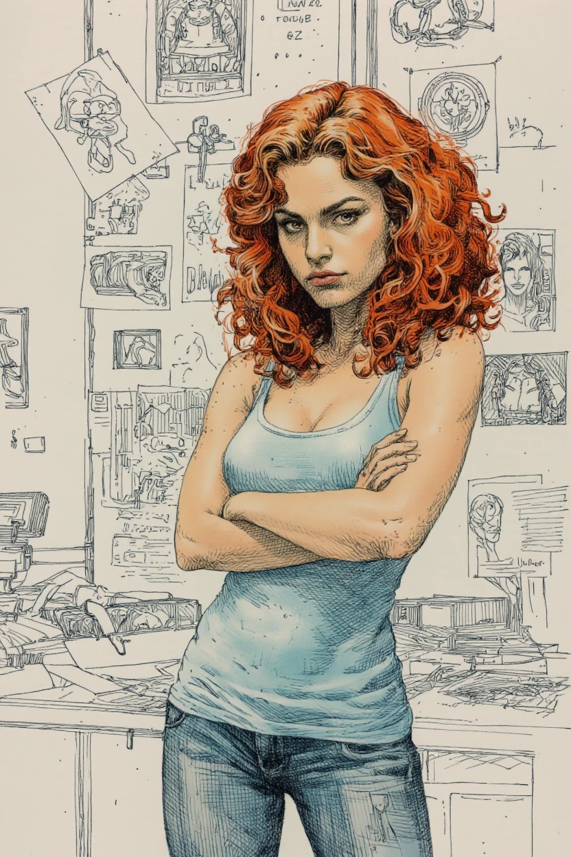 RyOtt style. A highly detailed, realistic digital painting of a young woman with long, curly red hair, standing confidently with her arms crossed over her chest. She has a serious expression and is wearing a tight, light blue tank top with a scoop neckline and jeans. The background is a cluttered workspace with various sketches and papers pinned to the wall. The style is reminiscent of comic book art, with bold lines and vibrant colors. The woman is positioned in the center of the image, with the background slightly blurred to emphasize her features. The lighting is soft and natural, highlighting her curves and the texture of her skin.