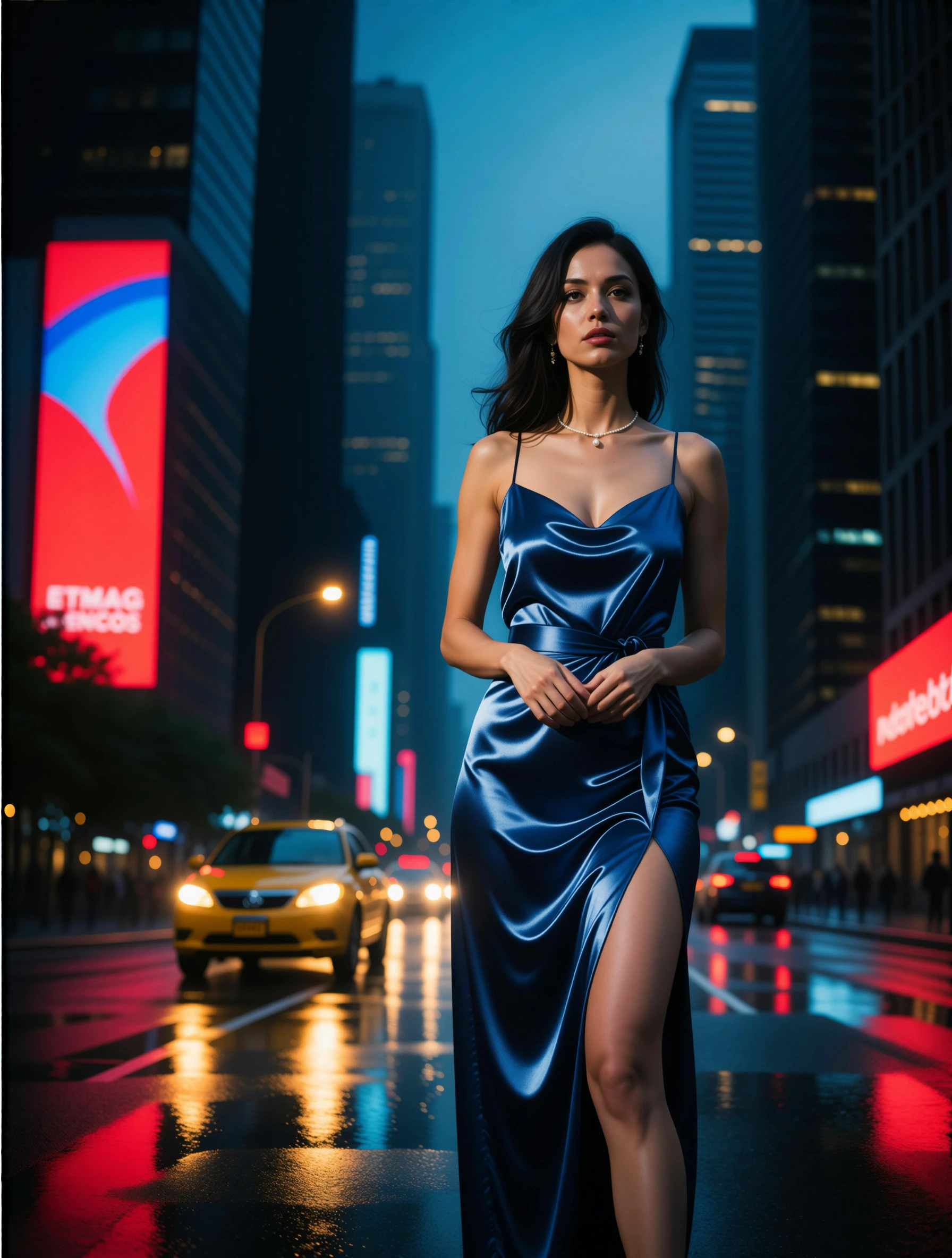 The woman stands tall, her figure draped in a flowing silk dress that glints under the cityâs artificial glow. Her posture is poised, shoulders slightly squared as if holding herself against the weight of the night. The fabric clings to her curves, its deep midnight blue shifting to iridescent silver where streetlights catch it. A narrow collar frames her neck, adorned with a single pearl pendant that catches the light like a tiny star. Her hands are clasped at her waist, fingers curled slightly, as if sheâs caught between purpose and hesitation. The dressâs high slit reveals the curve of her thigh, the material catching firelight from passing cars, while a silk sash ties off the hem just above her ankles. Her face is half-shadowed, but her lips are parted faintly, as though sheâs about to speak or sigh.
She occupies the center of a full-body shot, framed by the jagged edges of skyscrapers silhouetted against the sky. The city night lights bleed into the backgroundâneon signs flicker on wet pavement, their reflections pooling around her feet like liquid gold. A distant billboard flashes in red and blue, its glow spilling over the edge of the frame. Her silhouette is bathed in a soft, diffused light that makes the edges of her dress shimmer, while deeper shadows carve her face into something almost feral. The mood is slick and electric, the air thick with the hum of distant traffic and the scent of rain-soaked concrete. A single streetlamp casts a long, jagged shadow behind her, stretching toward the horizon like an unanswered question.
The image is rendered in high-resolution realism, each thread of her dress visible under the cityâs harsh light. The camera lingers on her face, capturing the sheen of sweat on her brow and the faint tremble of her lashes as she stares into the void. Skin tones are cool and lifelike, the softness of her cheeks contrasted by the sharp definition of her jawline. The background is a blur of motionâcars streaking past, lights bleeding into darknessâbut her body remains crisp, every curve and fold of fabric rendered with surgical precision. The lighting mimics a cinematic close-up, with deep blacks and highlights that make her appear almost otherworldly, as if the city itself is watching her back.