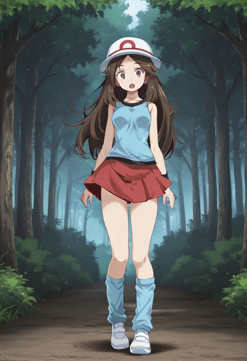 1girl, solo, frlgleaftsukishiro, print hat, white headwear, brown hair, very long hair, parted bangs, hair flaps, brown eyes, blue shirt, sleeveless shirt, black wristband, skirt, blue leg warmers, white shoes, outdoors, forest, full body, open mouth, :o, standing,
