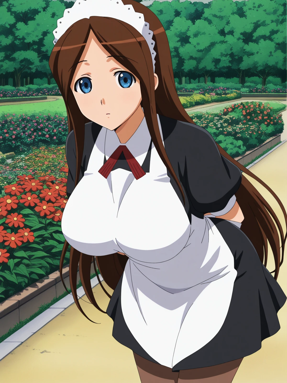 masterpiece, best quality, amazing quality,, <lora:sawawa-hiyorimi-s1-illustriousxl-lora-nochekaiser:1>, sawawa hiyorimi, long hair, brown hair, blue eyes, mature female, large breasts, anime screencap, pantyhose, apron, maid, maid headdress,, hands behind back, bent over,, garden, flowers, path, plants, tranquil, cowboy shot, solo, looking at viewer,
