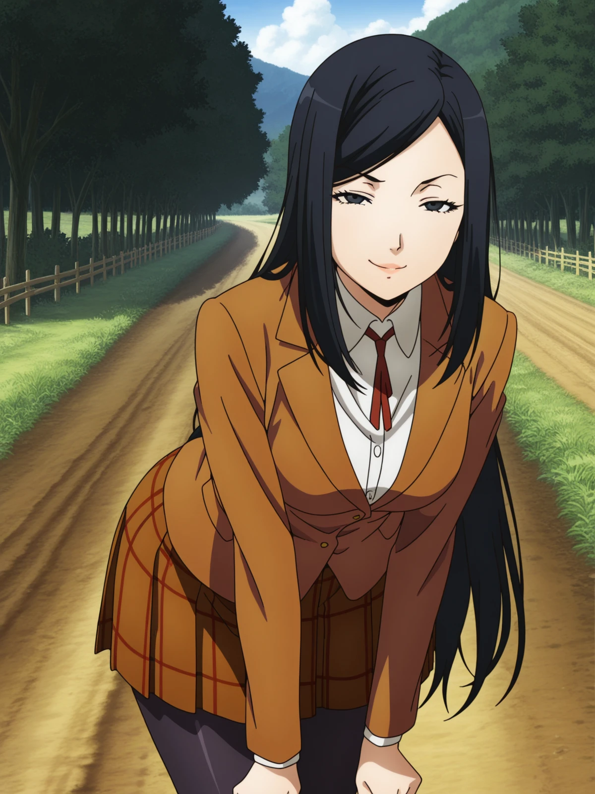 masterpiece, best quality, amazing quality,, <lora:mari-kurihara-s1-illustriousxl-lora-nochekaiser:1>, mari kurihara, long hair, black hair, black eyes, mature female, medium breasts, anime screencap, skirt, jacket, pantyhose, plaid, plaid skirt, blazer,, bent over, smug,, bike ride, countryside, dirt road, trees, afternoon sun, peaceful, alone, cowboy shot, solo, looking at viewer,