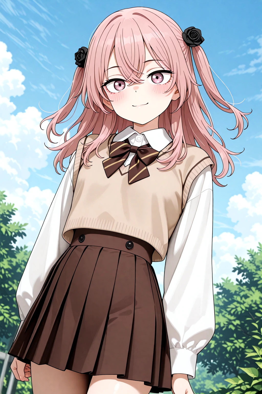 masterpiece, best quality, amazing quality, 1girl, solo, makeup, general, cowboy shot, looking at viewer, blush, dramatic angle, smile, outdoors, sky, <lora:sajuna-inui-s1-illustriousxl-lora-nochekaiser:0.8>, sajuna inui, inui sajuna, long hair, bangs, hair ornament, hair between eyes, pink hair, pink eyes, two side up, crossed bangs, hair flower, black rose, mature female, small breasts, <lora:Brown_Schooluniform:1>, Brown_Schooluniform, white collared shirt, brown pleated skirt, long sleeves, school uniform, brown vest, brown bowtie, striped bowtie, white socks, <lora:wai-A3-V140:1>, <lora:illustrious_noobai_epsilon_pred_1_masterpieces_v1:1>