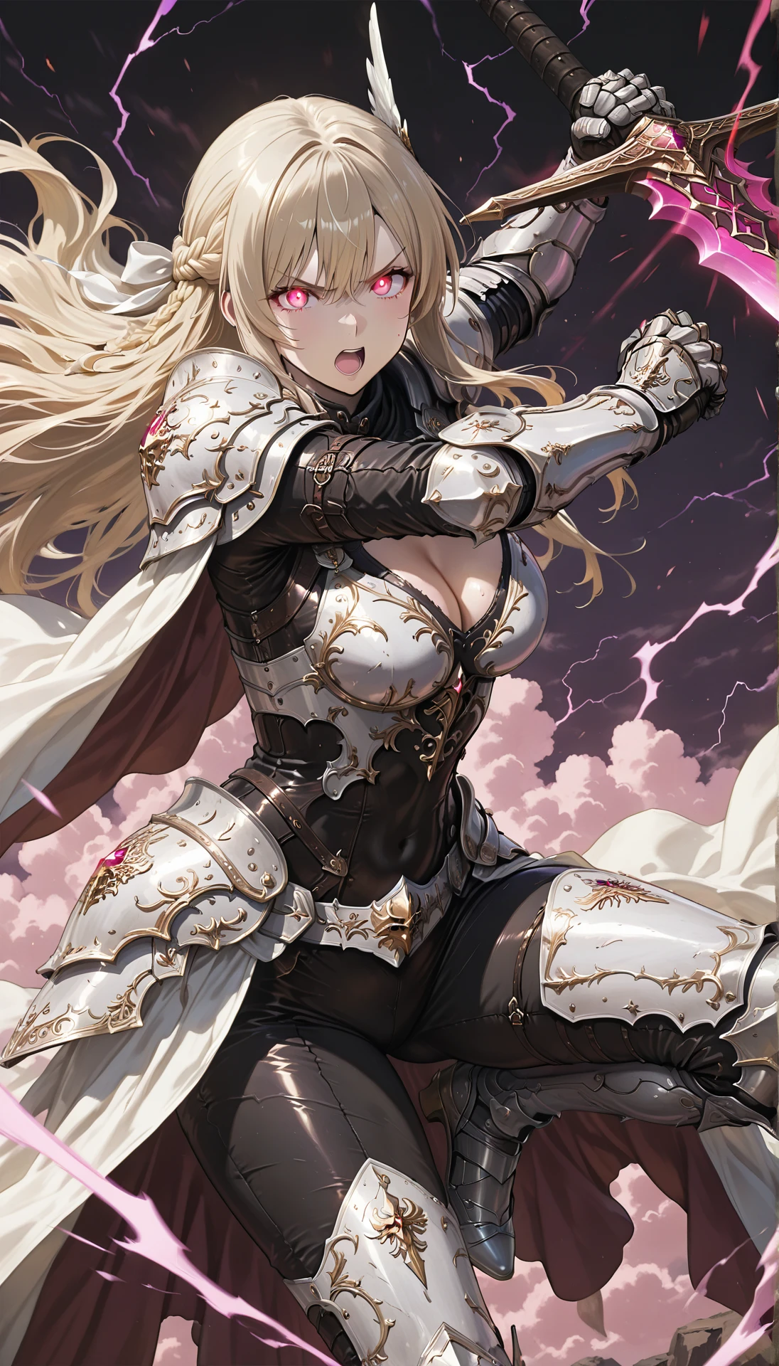 1girl,
high quality, sexy, light skin, long hair, half up braid, blonde hair, pink eyes, confident look, cleavage, breasts, medium breasts, shoulder armored, silver armor, black bodysuit, sword, looking at viewer, attacking, swinging sword, pink aura around her, sword in viewing, holding, pauldrons, v-shaped eyebrows, braid, very long hair, incoming punch, glowing eyes, bodysuit, open mouth, solo, armor, weapon, glowing, holding sword, holding weapon, incoming attack,
A female character with long blonde hair and red eyes. she is wearing a black outfit with silver armor and is holding a sword in her right hand. the background is dark purple with pink and blue lightning bolts scattered around her. the character appears to be in mid-air, with her left leg extended forward and her right leg bent at the knee. she has a determined expression on her face and her eyes are focused on something in the distance.
masterpiece
<lora:hinaIllustrious2ArmorMix_v13:0.8>