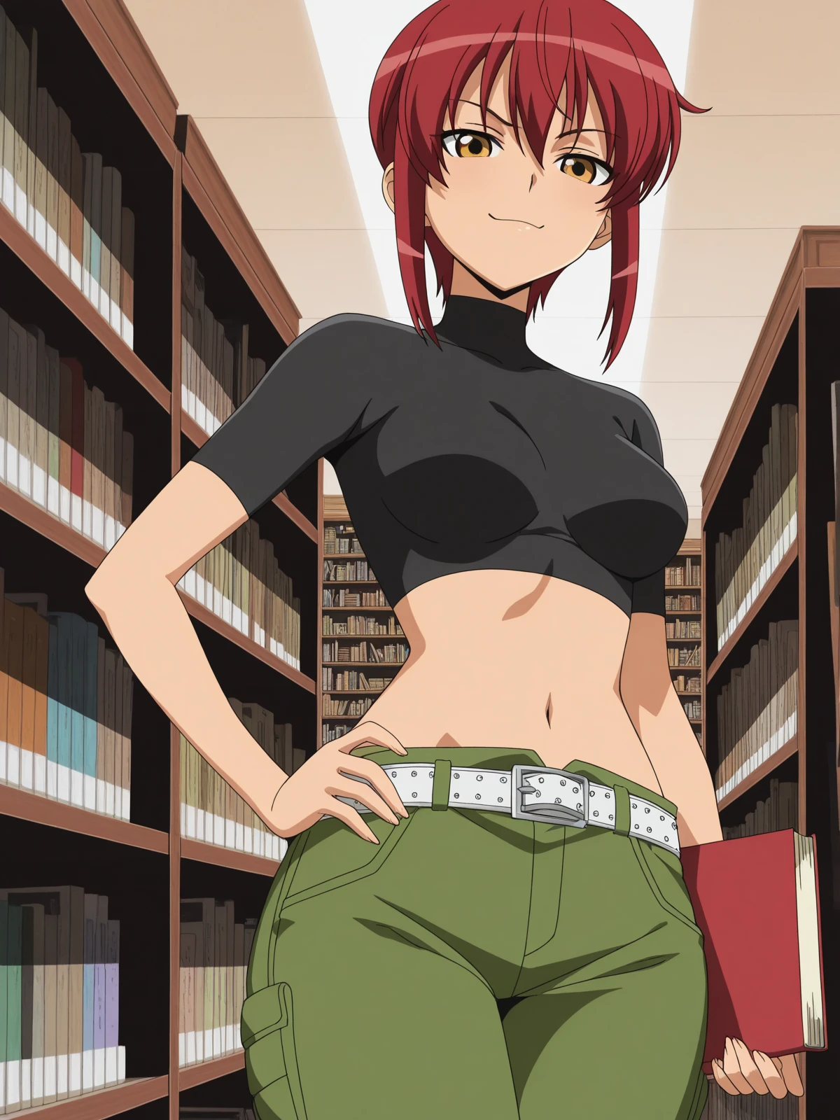 masterpiece, best quality, amazing quality,, <lora:riza-wildman-s1-illustriousxl-lora-nochekaiser:1>, riza wildman, short hair, brown eyes, red hair, hair between eyes, sidelocks, mature female, medium breasts, anime screencap, shirt, short sleeves, midriff, belt, pants, crop top, cropped shirt, green pants, black shirt, turtleneck,, smug, bookstore, browsing shelves, new book smell, finding a favorite, quiet atmosphere, cowboy shot, solo, looking at viewer,