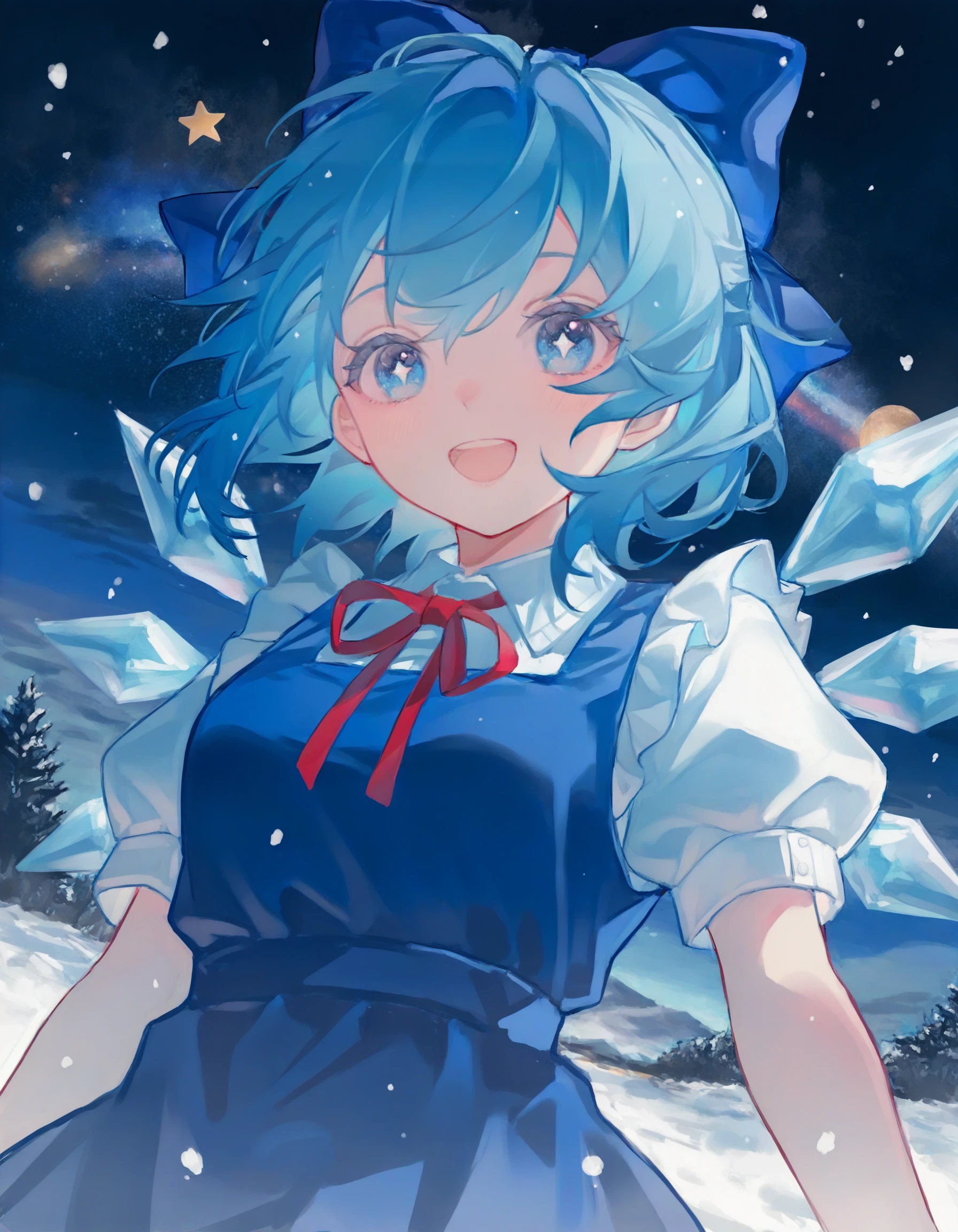 nokoya <break> 1girl, cirno, cowboy shot, blue theme, night sky, space, snowing, (upper body, close-up:1.4), star, :d, looking at viewer, from below, star in eye <break> very awa, masterpiece, best quality, amazing quality, highres, detailed background, ultra-detailed, <segment:yolo-face_yolov8n.pt,0.3,0.4//cid=11> <segment:yolo-hand_yolov8n.pt,0.3,0.4//cid=12>