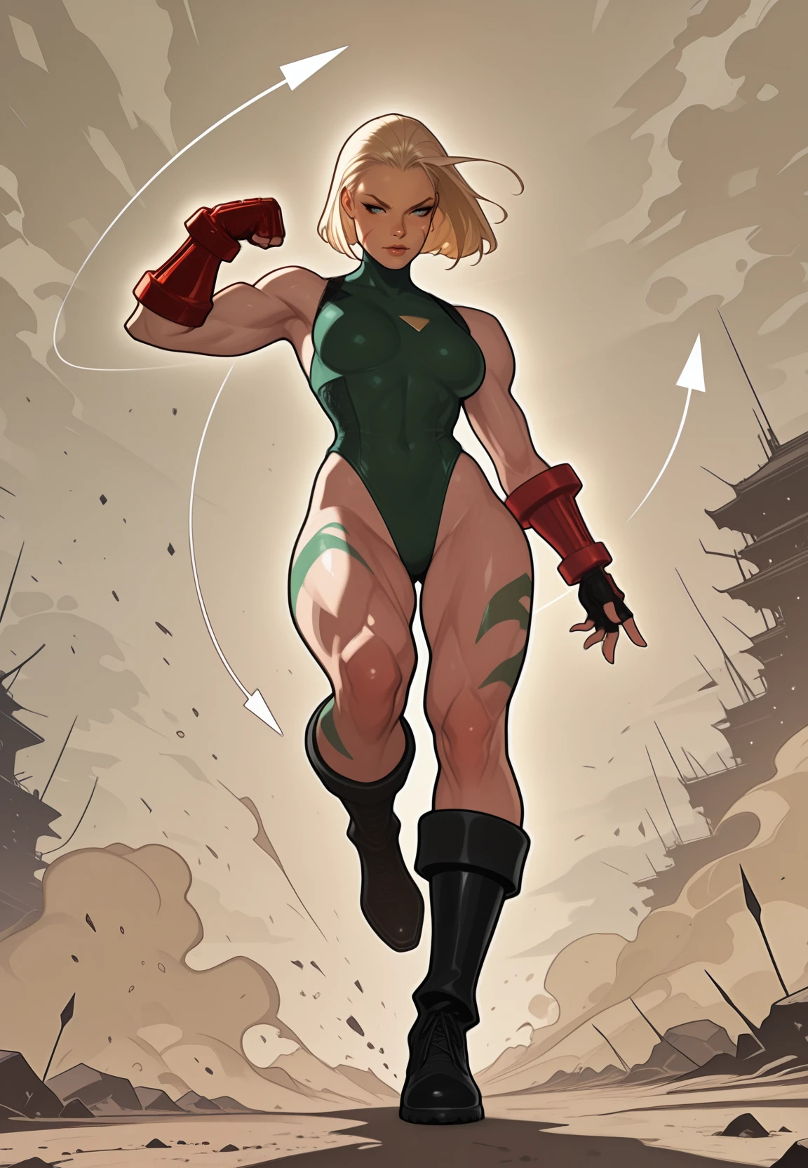 embedding:Stable_Yogis_PDXL_Positives, embedding:Stable_Yogis_PDXL_Positives2, embedding:lazypos, embedding:cr1sp, 1girl, athletic body, toned, small waist, Cammy White, mid Spiral Arrow kick, dynamic perspective, motion blur on leg, battlefield background with dust clouds, fierce expression, defined muscles, cinematic lighting,masterpiece, best quality, very aesthetic, bold outlines, strong shadows, high contrast, crisp lines, detailed, intricate, ultra detailed, vibrant, smooth gradients, subtle shadows, professional, high-resolution, perfect lighting, solo, depth, complex lighting, ultra detailed
,,