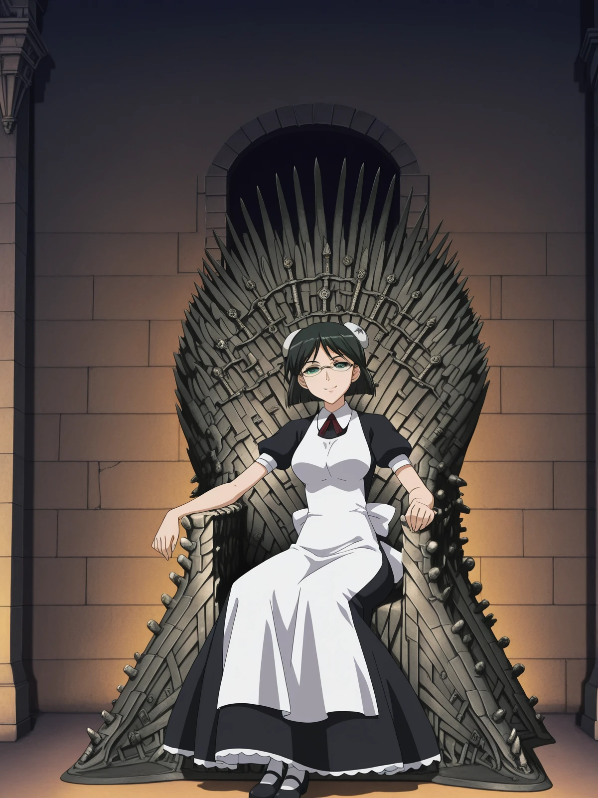 masterpiece, best quality, amazing quality,, <lora:kaibutsuoujo-francisca-s1-illustriousxl-lora-nochekaiser:1>, francisca, short hair, black hair, green eyes, green hair, glasses, bun cover, mature female, medium breasts, anime screencap, apron, maid,, <lora:iron-throne-illustriousxl-lora-nochekaiser:1>, iron throne, sitting, looking at viewer, sword, throne, sitting on throne, smile, full body, alley, narrow, urban, dark, buildings, cowboy shot, solo, looking at viewer,