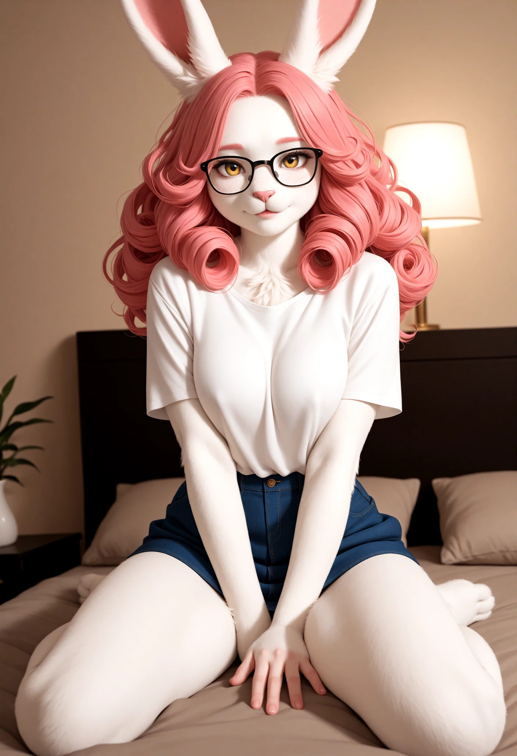 (masterpiece, best quality:1.2), (1girl:1.4), (solo:1.3), buny, pink hair, golden, gold, yellow eyes, 1girl,furry girl, bunny furry girl, pink nose, bunny nose,bunny, bunny girl, source_furry, white fur, white body fur, white tuft, female, pink hair, curly hair, large hair, long hair, college shirt, golden eyes, gold eyes , glasses, one ear up one ear down, perfect eyes, beautiful detailed eyes, large breast, freckles, cute looking, shy, bookworm, nerd, , white skin, perfect face, anthro girl, furry girl,, photorealistic, cinematic lighting, ultra-detailed, depth of field, RAW photo, 50mm lens, lying on bed, relaxed, wearing off-shoulder crop blouse with miniskirt, in a cozy ambient-lit café, relaxed pose, clothed

BREAK detailed eyes, detailed fluffy fur, photorealistic details, volumetric lighting, volumetric lighting, realism, hiperrealism, 