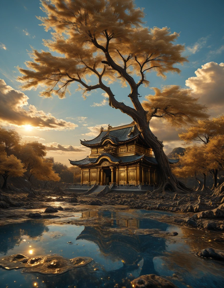 <lora:Gold_dream_ill:1.2> gdv1, gold, blue, glow asian temple, gold country fields, blue sky, sunrset, gold tortured tree, rocks, from side, clouds, blue lake,