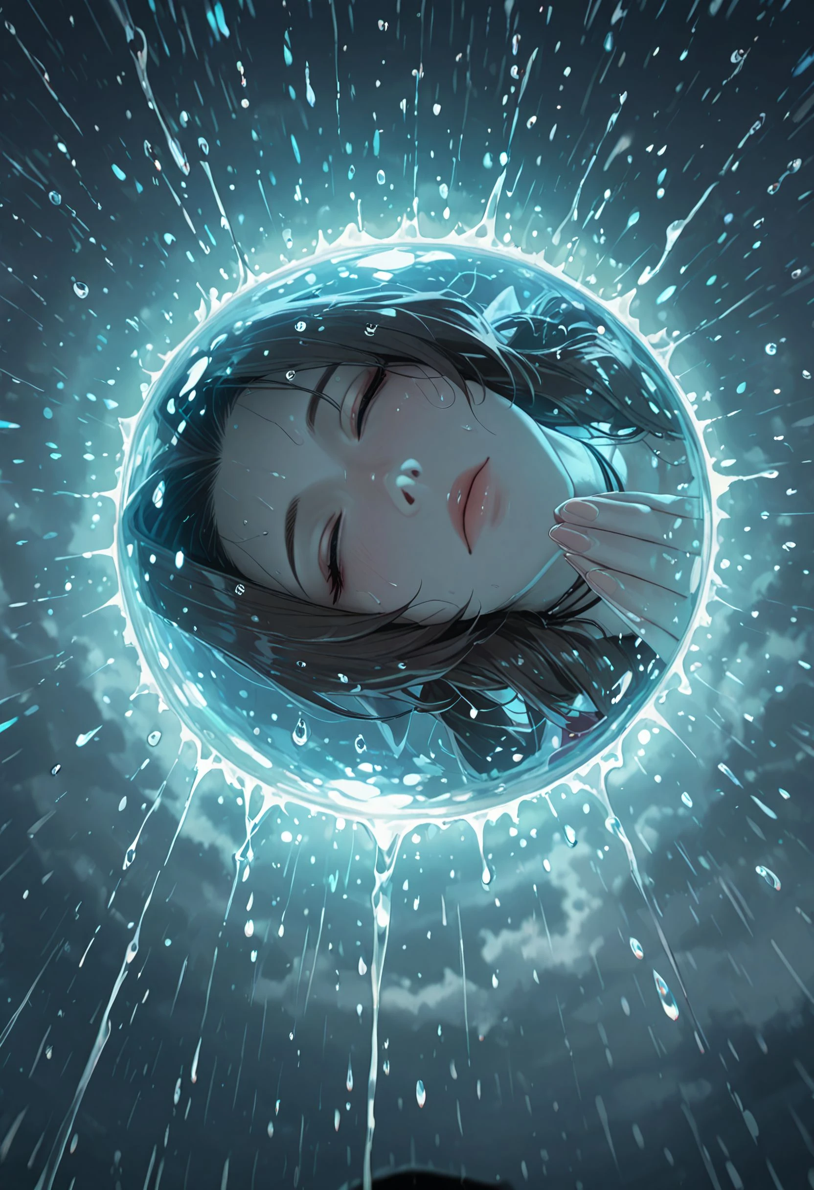 masterpiece, best_quality, amazing quality, newest, illustration, anime screencap, vibrant anime image, subject focus, line art, foggy, cold, cold weather, heavy rain, (water droplets, slow motion, time stop:1.1), surreal background, ethereal sky, cloudy sky, fantasy sky, dramatic lighting, cinematic look, reflection, realistic, anime screencap, anime coloring, clos_pers, close-up, perspective, masterpiece, very aesthetic, absurdres, water drop, masterpiece, best quality, amazing quality, very aesthetic, masterpiece, best quality, amazing quality, very aesthetic, detailed eyes, perfect eyes, realistic eyes, from below, aerith_gainsborough, green aura surrounding, blue ethereal, praying, intense focus, joined hands, closed eyes, kneeling down, raindrops, droplets,