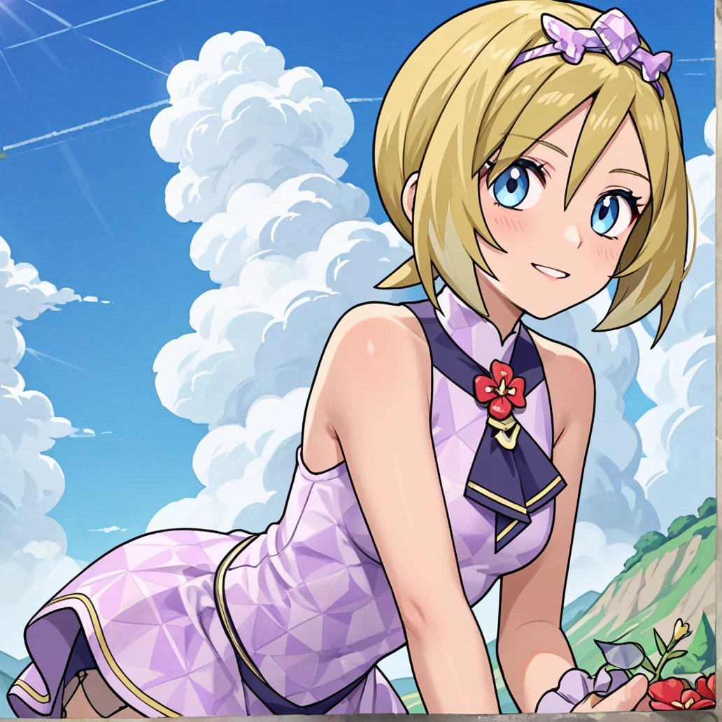 2d, masterpiece, best quality, amazing quality, highres, absurdres, newest, 1girl, solo, standing, leaning forward, upper body, close-up, looking at viewer, from front, sky, day, clouds, beautiful scenery, colorful, aged up, annirida, irida \(pokemon\), blonde hair, blue eyes, short hair, hair between eyes, jewelry, tiara, purple ascot, red flower, sleeveless dress, purple dress, wrist cuffs, shorts under dress, purple shorts, score_9, score_8_up,score_7_up,source_anime