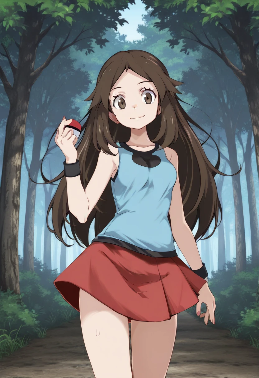 1girl, solo, frlgleaftsukishiro, no hat, brown hair, very long hair, parted bangs, hair flaps, brown eyes, blue shirt, sleeveless shirt, black wristband, skirt, outdoors, forest, smile, hand up, holding poke ball, cowboy shot, standing,
