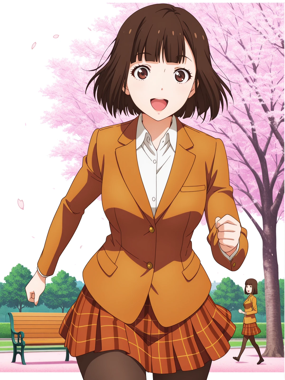 masterpiece, best quality, amazing quality,, <lora:chiyo-kurihara-s1-illustriousxl-lora-nochekaiser:1>, chiyo kurihara, brown hair, brown eyes, short hair, bangs, blunt bangs, mature female, medium breasts, anime screencap, skirt, jacket, pantyhose, plaid, plaid skirt, blazer,, smile, park, cherry blossoms, bench, gentle breeze, peaceful, running, open mouth, cowboy shot, solo, looking at viewer, <lora:transparent-background-illustriousxl-lora-nochekaiser:1>, transparent background, simple background, white background
