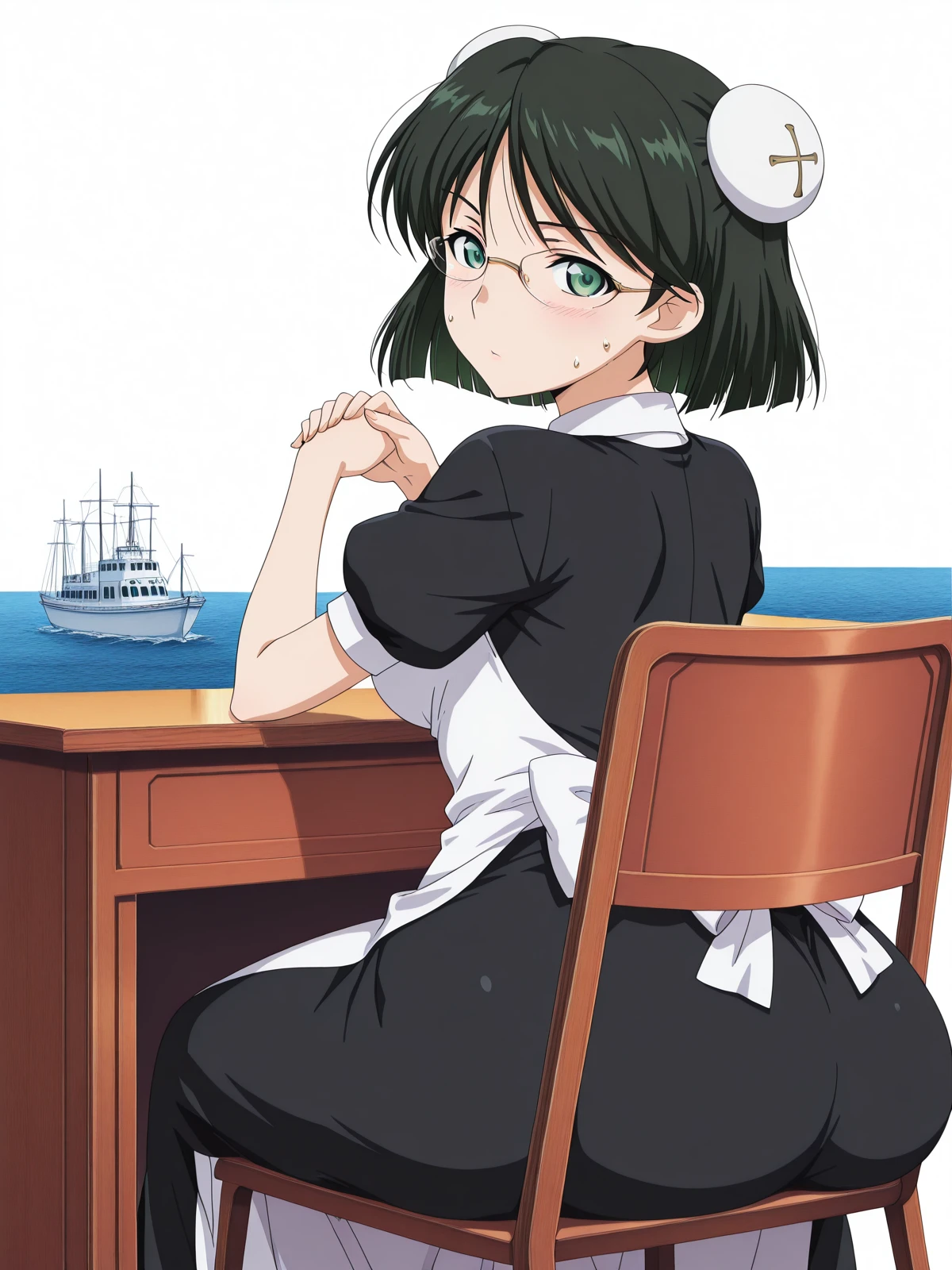 masterpiece, best quality, amazing quality,, <lora:kaibutsuoujo-francisca-s1-illustriousxl-lora-nochekaiser:1>, francisca, short hair, black hair, green eyes, green hair, glasses, bun cover, mature female, medium breasts, anime screencap, apron, maid,, <lora:stuck-in-chair-illustriousxl-lora-nochekaiser:1>, stuck in chair, solo, looking at viewer, blush, sitting, sweat, looking back, from behind, chair, own hands together, desk, on chair,, harbor, boats, water, dock, trade, cowboy shot, solo, looking at viewer, <lora:transparent-background-illustriousxl-lora-nochekaiser:1>, transparent background, simple background, white background