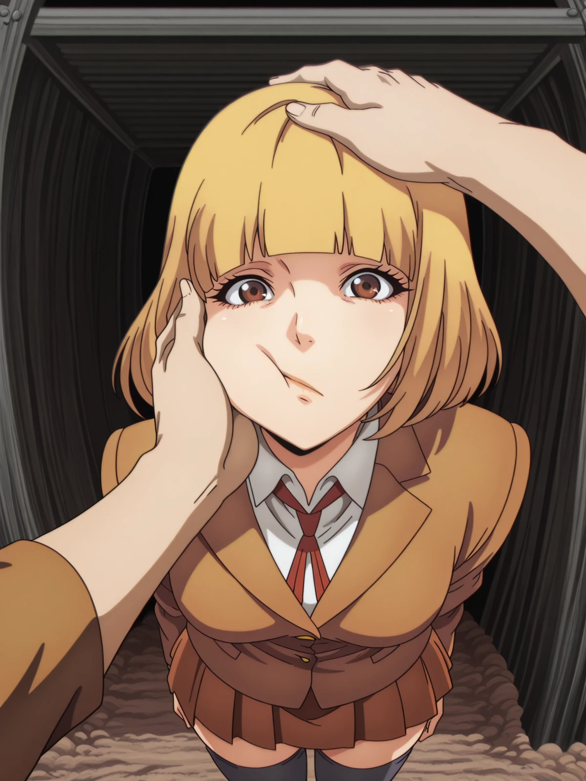 masterpiece, best quality, amazing quality,, <lora:hana-midorikawa-s1-illustriousxl-lora-nochekaiser:1>, hana midorikawa, short hair, bangs, blonde hair, brown eyes, blunt bangs, mature female, small breasts, anime screencap, skirt, shirt, thighhighs, black thighhighs, zettai ryouiki, blazer, brown blazer, brown skirt, <lora:pov-cheek-and-head-pat-illustriousxl-lora-nochekaiser:1>, pov cheek and head pat, pov cheek and head pat (meme), looking at viewer, upper body, closed eyes, solo focus, pov, hand on another's head, pov hands, headpat, hand on another's face, hand on another's cheek, petting,, trench, dirt, warfare, shelter, depth, cowboy shot, solo, looking at viewer,