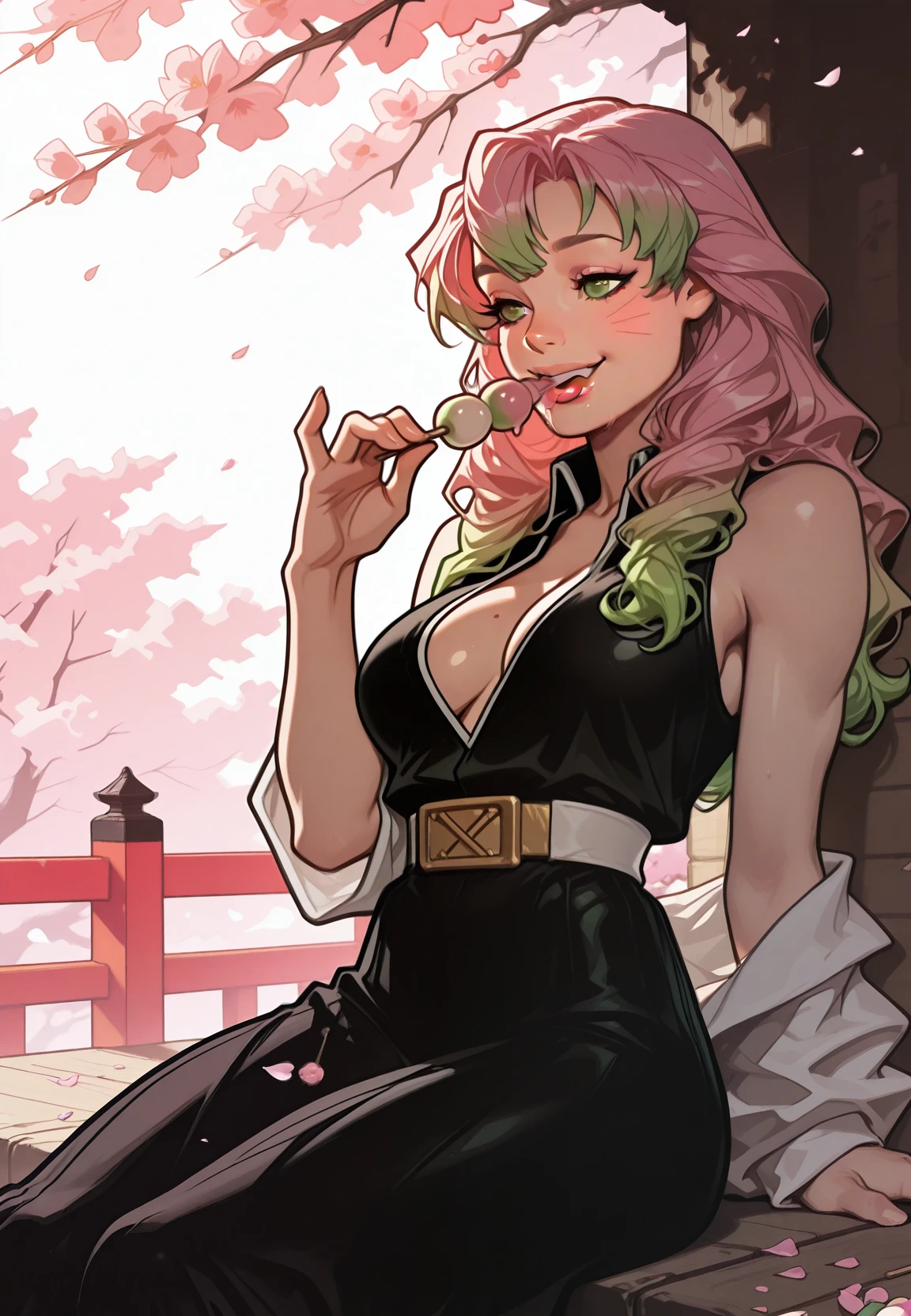 embedding:Stable_Yogis_PDXL_Positives, embedding:Stable_Yogis_PDXL_Positives2, embedding:lazypos, embedding:cr1sp, 1girl, athletic body, toned, small waist, Mitsuri Kanroji, eating dango, playful smile, tongue slightly out, sitting under cherry blossom trees, falling petals, lively spring vibe,masterpiece, best quality, very aesthetic, bold outlines, strong shadows, high contrast, crisp lines, detailed, intricate, ultra detailed, vibrant, smooth gradients, subtle shadows, professional, high-resolution, perfect lighting, solo, depth, complex lighting, ultra detailed
,,