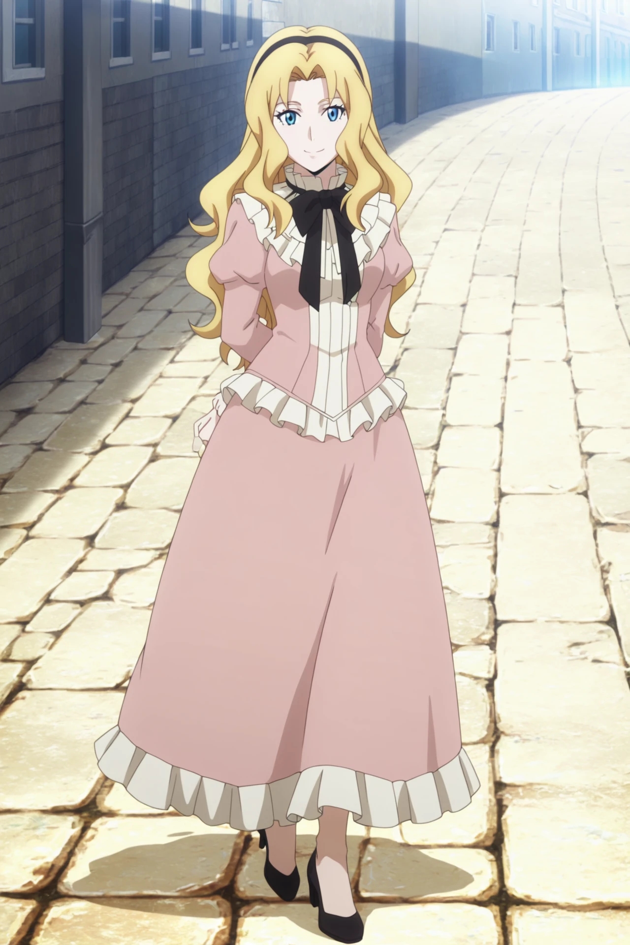 masterpiece, best quality, looking at viewers,
<lora:Marrine_Kreische_PinkDress:.8> Marrine_Kreische_PinkDress, 1girl, solo, long hair, smile, blue eyes, blonde hair, long sleeves, puffy sleeves, hair band, frilled sleeves, juliet sleeves, pink dress, puffy long sleeves, black bowtie, anime coloring, parted bangs, hair intakes, pink shirt, high heels, walking, street, day, hands behind back,, <lora:Smooth_Quality:1>Smooth_Quality