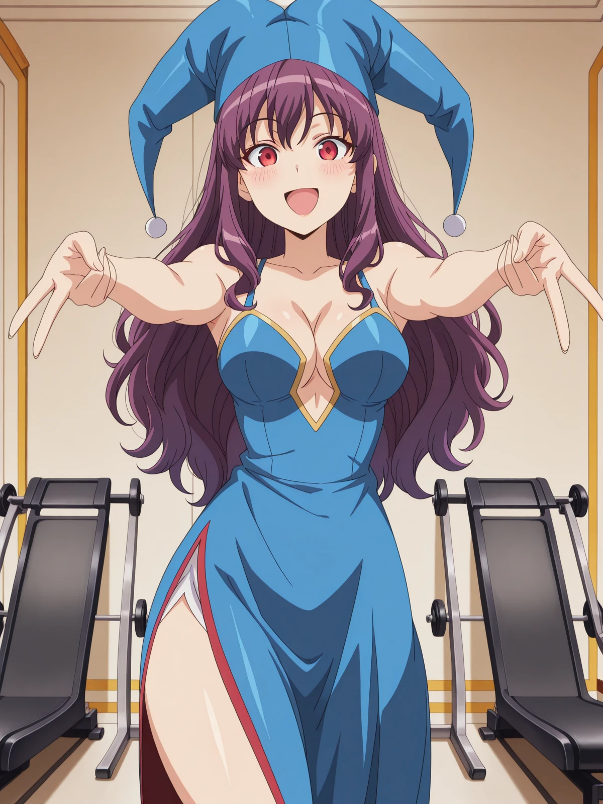 masterpiece, best quality, amazing quality,, <lora:kaibutsuoujo-witch-s1-illustriousxl-lora-nochekaiser:1>, witch, long hair, red eyes, purple hair, sidelocks, mature female, medium breasts, anime screencap, hat, dress, cleavage, dress, blue dress, sleeveless dress, collarbone, bare shoulders, sideslit, jester cap, <lora:double-gyaru-v-illustriousxl-lora-nochekaiser:1>, doublegyaruv, solo, looking at viewer, blush, smile, open mouth, standing, cowboy shot, double v,, gym, weights, treadmill, mirrors, exercise, cowboy shot, solo, looking at viewer,