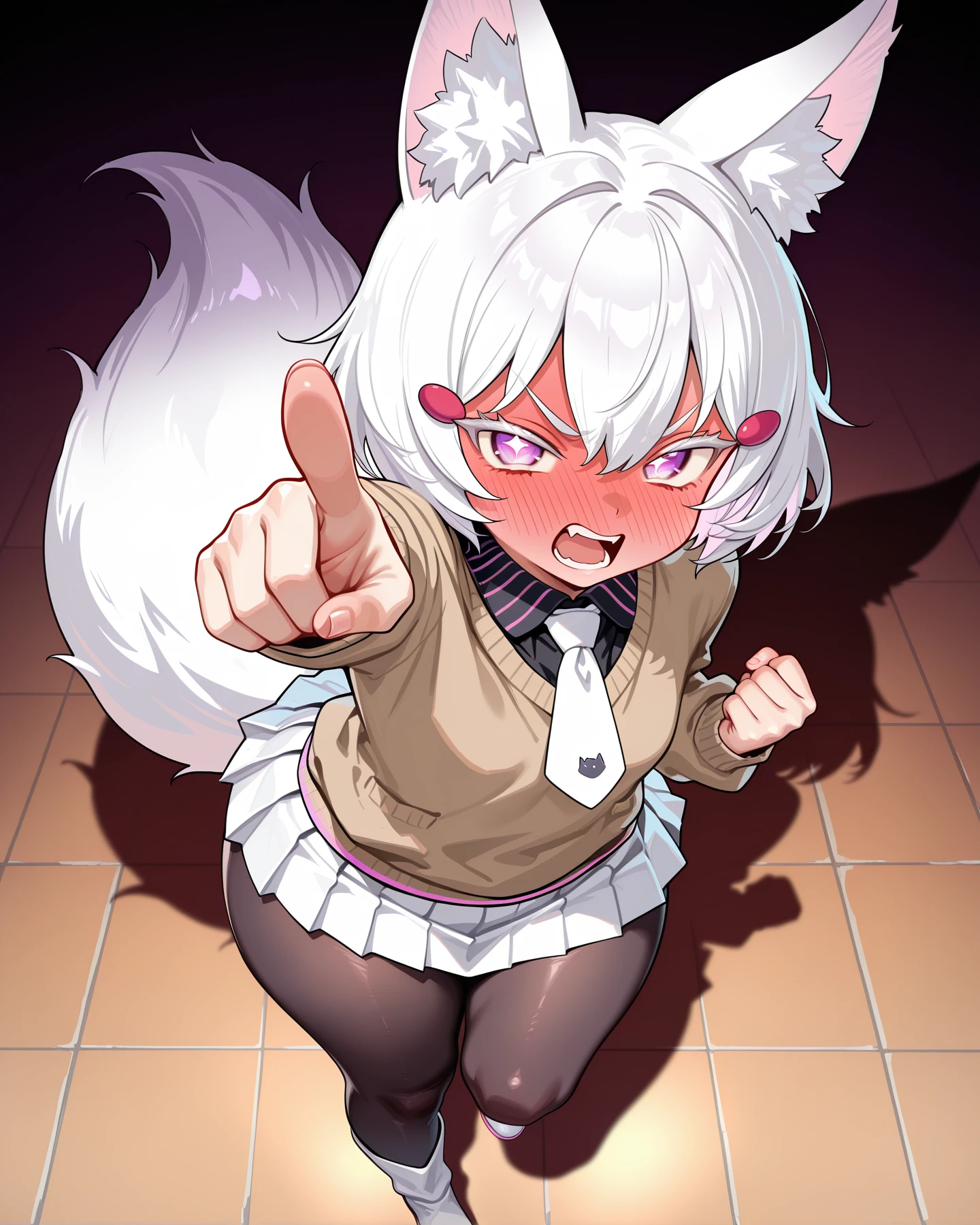 <lora:LECO-mature_female_XL(ill)v11:1> , <lora:Curvier:1>plump, thick thighs, wide , curvy,
<lora:Tenma_MaemiPC:1> MaEnma, fox girl, short hair, white hair, fox ears, fox tail, white colored eyelashes, purple eyes, hair ornament, black shirt collar, white necktie, long sleeves sweater, brown sweater, white skirt, black pantyhose, pink trim, white boots,
full body, dynamic pose, pointing at viewer, angry, clenched hand, mad, red faced, full-face blush, from above,, IllusP0s, masterpiece, best quality, amazing quality, very aesthetic, absurdres, newest, Smooth_Quality