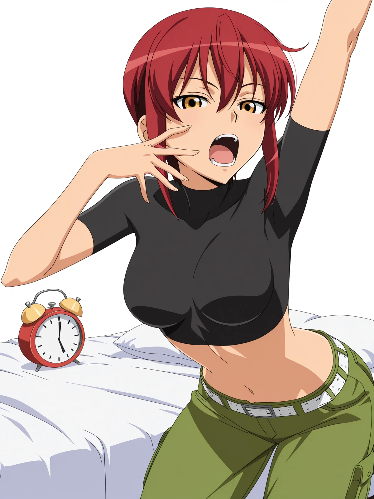 masterpiece, best quality, amazing quality,, <lora:riza-wildman-s1-illustriousxl-lora-nochekaiser:1>, riza wildman, short hair, brown eyes, red hair, hair between eyes, sidelocks, mature female, medium breasts, anime screencap, shirt, short sleeves, midriff, belt, pants, crop top, cropped shirt, green pants, black shirt, turtleneck,, hands behind back, bent over,, bedroom, alarm clock, morning routine, yawning, stretching, on bed, cowboy shot, solo, looking at viewer, <lora:transparent-background-illustriousxl-lora-nochekaiser:1>, transparent background, simple background, white background