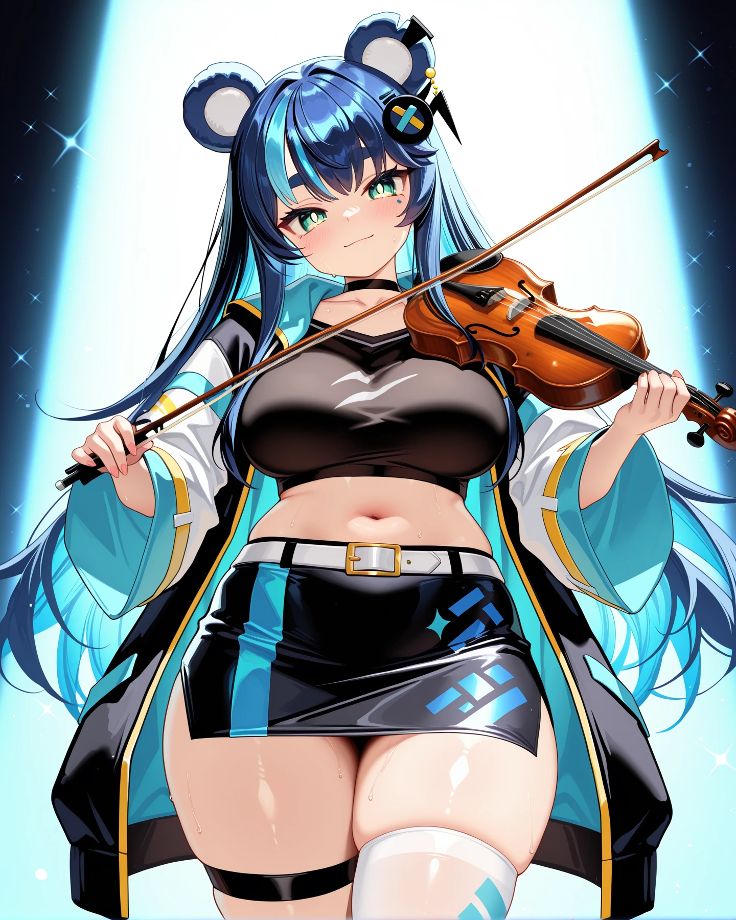 <lora:LECO-mature_female_XL(ill)v11:1> , <lora:Curvier:1>plump, thick thighs, wide hips, curvy,
 <lora:Fujikura_UrukaPC:1> FujUka, long hair, blue hair, streaked hair, blue bear ears, sidelocks, black hair ornament, cyan colored inner hair, large breasts, choker, collarbone, black shirt, midriff, navel, white belt, black pencil skirt, print skirt, asymmetrical legwear, white single thighhigh, black shoes, open black long jacket, two-tone jacket, hood down, white wide sleeves, white long sleeves,
holding instrument, holding violin, happy, light smile, head tilt,, IllusP0s, masterpiece, best quality, amazing quality, very aesthetic, absurdres, newest, Smooth_Quality