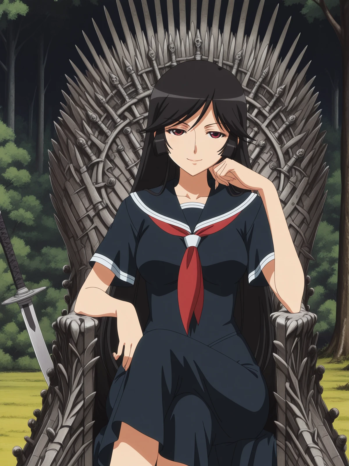 masterpiece, best quality, amazing quality,, <lora:reiri-kamura-s1-illustriousxl-lora-nochekaiser:1>, reiri kamura, long hair, black hair, red eyes, hime cut, mature female, , anime screencap, serafuku, black serafuku, red neckerchief,, <lora:iron-throne-illustriousxl-lora-nochekaiser:1>, iron throne, sitting, looking at viewer, sword, throne, sitting on throne, smile, cowboy shot, elbow rest, crossed legs, nature, trees, animals, landscape, open, cowboy shot, solo, looking at viewer,