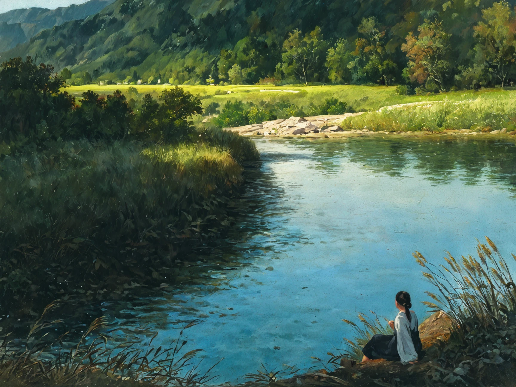 masterpiece, best quality, absurdres, highres, safe, landscape, lake, 1girl, sitting, reeds, nature, oil painting, traditional medium