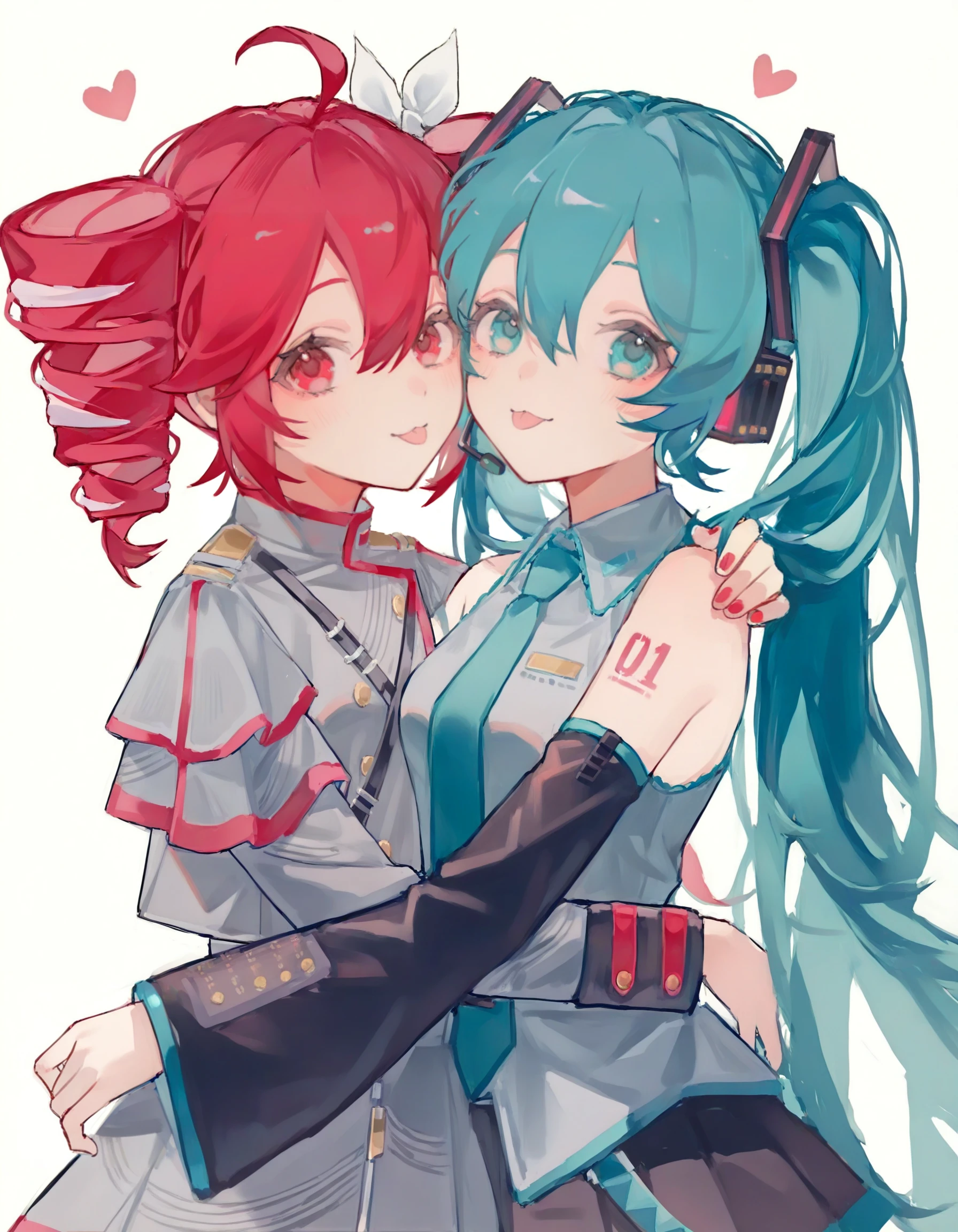 nokoya, <break> 2girls, kasane teto \(sv\), hatsune miku, duo focus, :p, :3, looking at viewer, heart, upper body, arm around shoulders, white background, hug, <break> very awa, masterpiece, best quality, amazing quality, highres, detailed background, ultra-detailed, <segment:yolo-face_yolov8n.pt,0.3,0.4//cid=11> <segment:yolo-hand_yolov8n.pt,0.4,0.4//cid=12>
