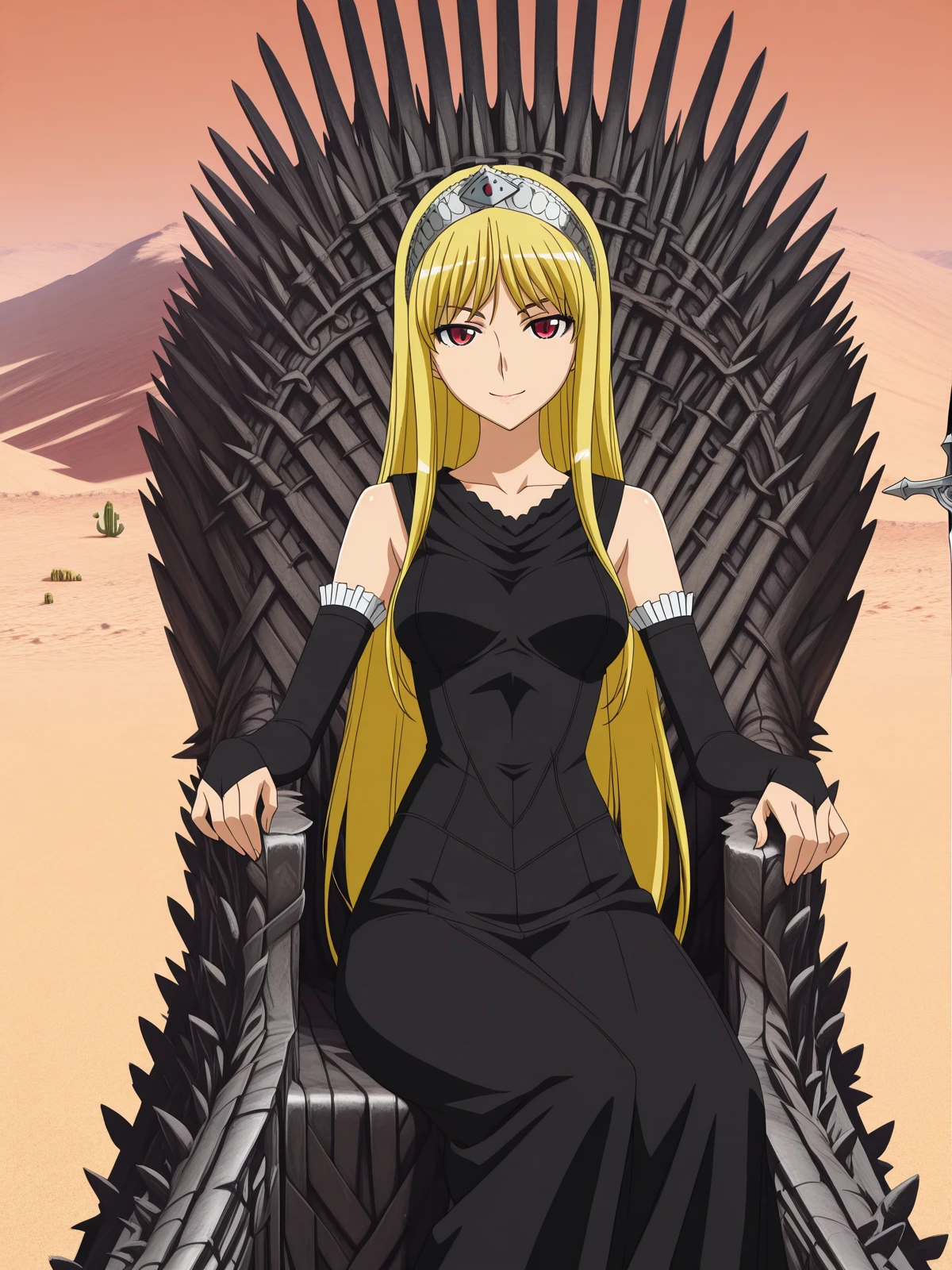 masterpiece, best quality, amazing quality,, <lora:kaibutsuoujo-liliane-s1-illustriousxl-lora-nochekaiser:1>, liliane, long hair, blonde hair, red eyes, very long hair, tiara, mature female, medium breasts, anime screencap, gloves, dress, detached sleeves, elbow gloves, black dress, bare shoulders, sleeveless dress, collarbone, long skirt,, <lora:iron-throne-illustriousxl-lora-nochekaiser:1>, iron throne, sitting, looking at viewer, sword, throne, sitting on throne, smile, feet out of frame, desert, sand, dunes, cacti, heat, cowboy shot, solo, looking at viewer, <lora:transparent-background-illustriousxl-lora-nochekaiser:1>, transparent background, simple background, white background