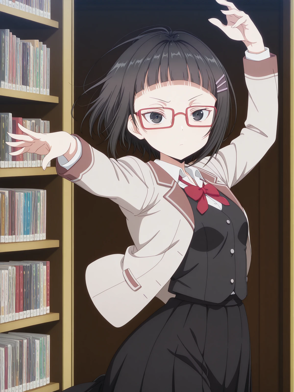 masterpiece, best quality, amazing quality,, <lora:sayaka-taniyama-s1-illustriousxl-lora-nochekaiser:1>, sayaka taniyama, black eyes, black hair, short hair, bangs, blunt bangs, hair clip, glasses, red-framed eyewear, mature female, small breasts, anime screencap, shirt, bow, jacket, white shirt, collared shirt, bowtie, red bow, blazer, red bowtie, black skirt, pleated skirt,, <lora:elsa-pose-illustriousxl-lora-nochekaiser:1>, elsa pose, solo, looking at viewer, arm up, hand up,, bookstore, browsing shelves, new book smell, finding a favorite, quiet atmosphere, cowboy shot, solo, looking at viewer,
