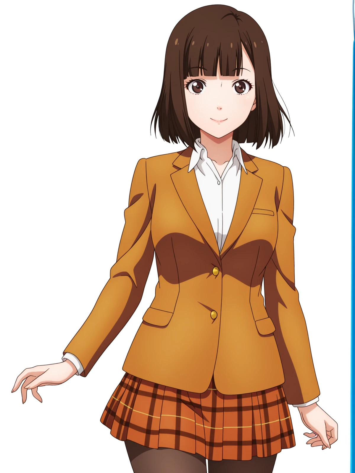 masterpiece, best quality, amazing quality,, <lora:chiyo-kurihara-s1-illustriousxl-lora-nochekaiser:1>, chiyo kurihara, brown hair, brown eyes, short hair, bangs, blunt bangs, mature female, medium breasts, anime screencap, skirt, jacket, pantyhose, plaid, plaid skirt, blazer,, smile, roller coaster, tracks, speed, fun, thrill, cowboy shot, solo, looking at viewer, <lora:transparent-background-illustriousxl-lora-nochekaiser:1>, transparent background, simple background, white background