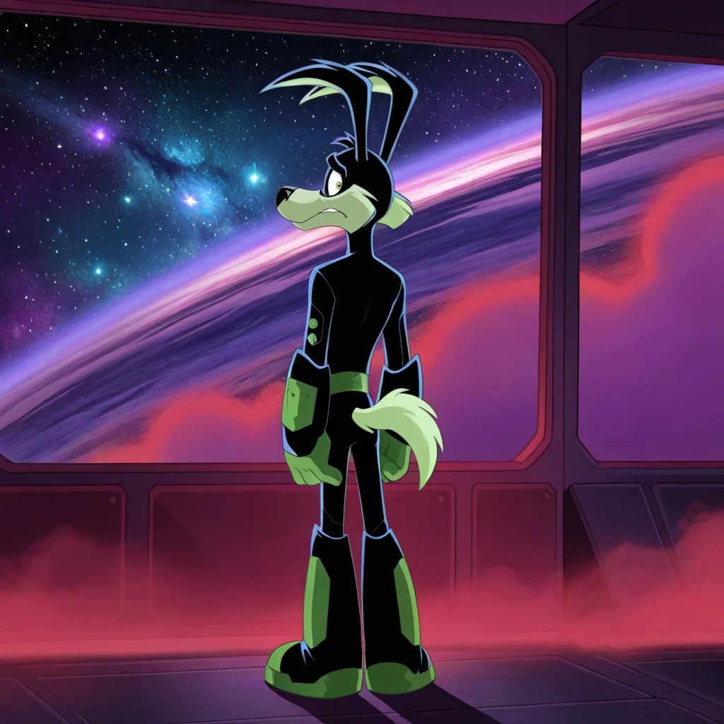 <lora:Tech_E_coyote_V2:1> Techcoyote, 1boy, bodysuit, boots, from behind, looking back, worried, full body, purple window, red fog, purple fog, space background, stars, galaxy, abstract background, masterpiece