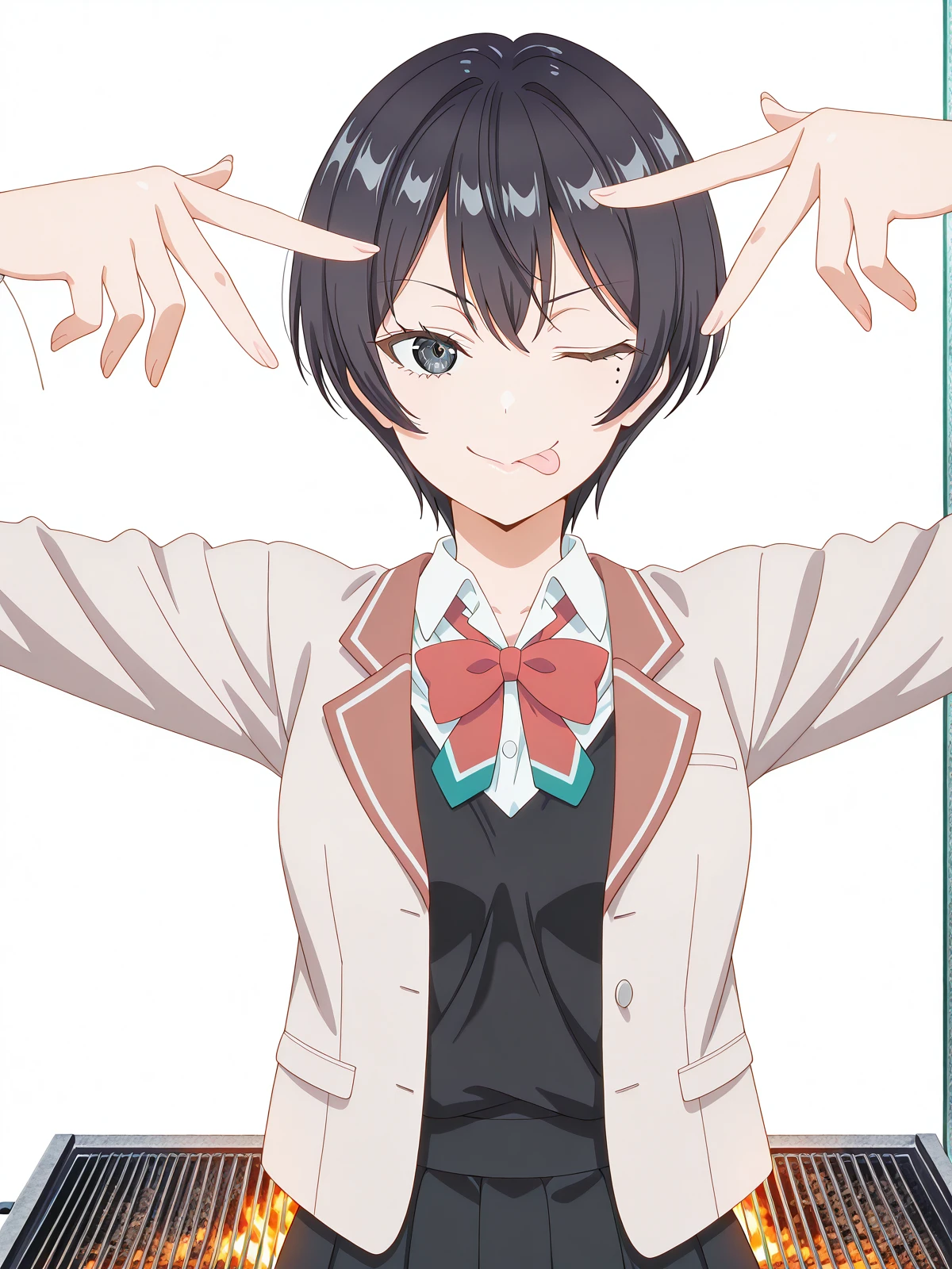 masterpiece, best quality, amazing quality,, <lora:chisaki-sarashina-s1-illustriousxl-lora-nochekaiser:1>, chisaki sarashina, black eyes, black hair, mole, mole under eye, short hair, mature female, small breasts, anime screencap, shirt, bow, jacket, white shirt, collared shirt, bowtie, red bow, blazer, red bowtie, black skirt, pleated skirt,, <lora:hoshino-ais-pose-illustriousxl-lora-nochekaiser:1>, hoshino ai's pose, solo, looking at viewer, smile, closed mouth, one eye closed, tongue, tongue out, hands up,, backyard, barbecue, grilling, laughter, summer evening, cowboy shot, solo, looking at viewer, <lora:transparent-background-illustriousxl-lora-nochekaiser:1>, transparent background, simple background, white background