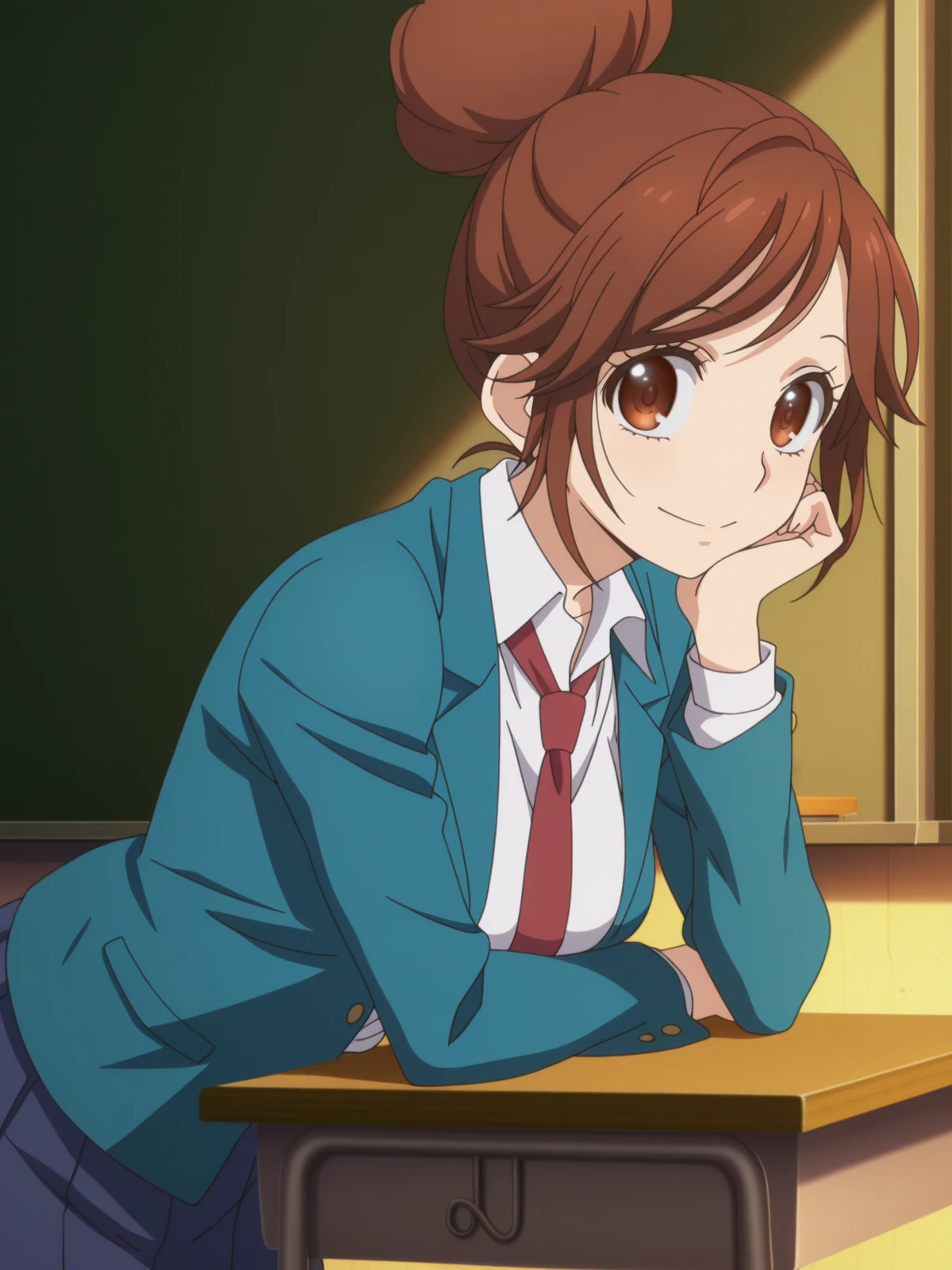 masterpiece, best quality, amazing quality,, <lora:natsuki-enomoto-movie-illustriousxl-lora-nochekaiser:1>, natsuki enomoto, short hair, brown hair, brown eyes, hair bun, single hair bun, swept bangs, mature female, medium breasts, anime screencap, skirt, jacket, pleated skirt, necktie, blazer, blue blazer, shirt, white shirt, collared shirt, red necktie, blue skirt,, head rest, classroom, desks, chalkboard, students, teacher, cowboy shot, solo, looking at viewer,