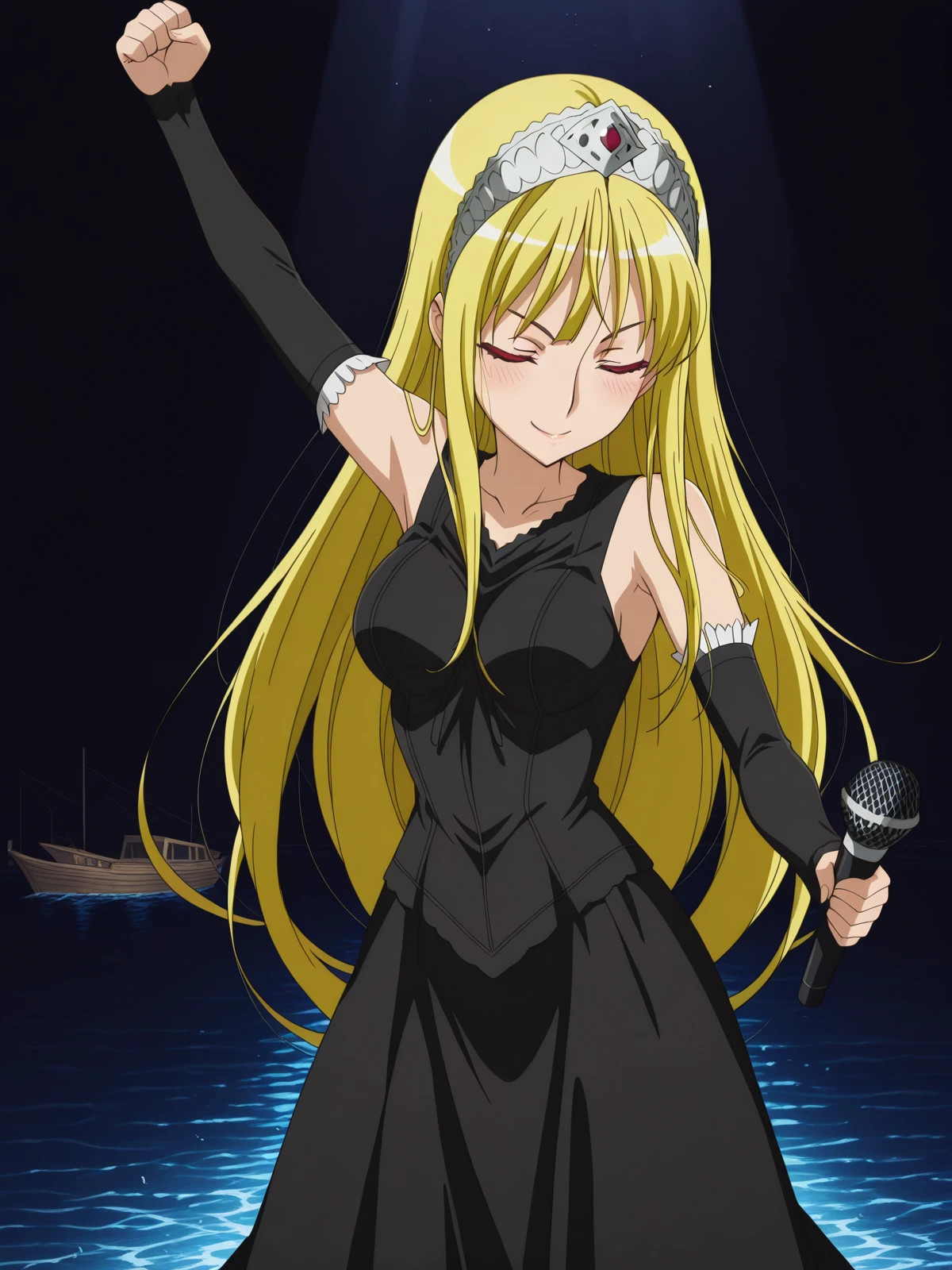 masterpiece, best quality, amazing quality,, <lora:kaibutsuoujo-liliane-s1-illustriousxl-lora-nochekaiser:1>, liliane, long hair, blonde hair, red eyes, very long hair, tiara, mature female, medium breasts, anime screencap, gloves, dress, detached sleeves, elbow gloves, black dress, bare shoulders, sleeveless dress, collarbone, long skirt,, <lora:freddymercury-rage-pose-illustriousxl-lora-nochekaiser:1>, freddymercurys rage pose, solo, blush, smile, holding, closed eyes, arm up, microphone, holding microphone, clenched fist, dark, spotlight, cowboy shot, legs apart, jetty, water, boats, dock, narrow, cowboy shot, solo, looking at viewer,