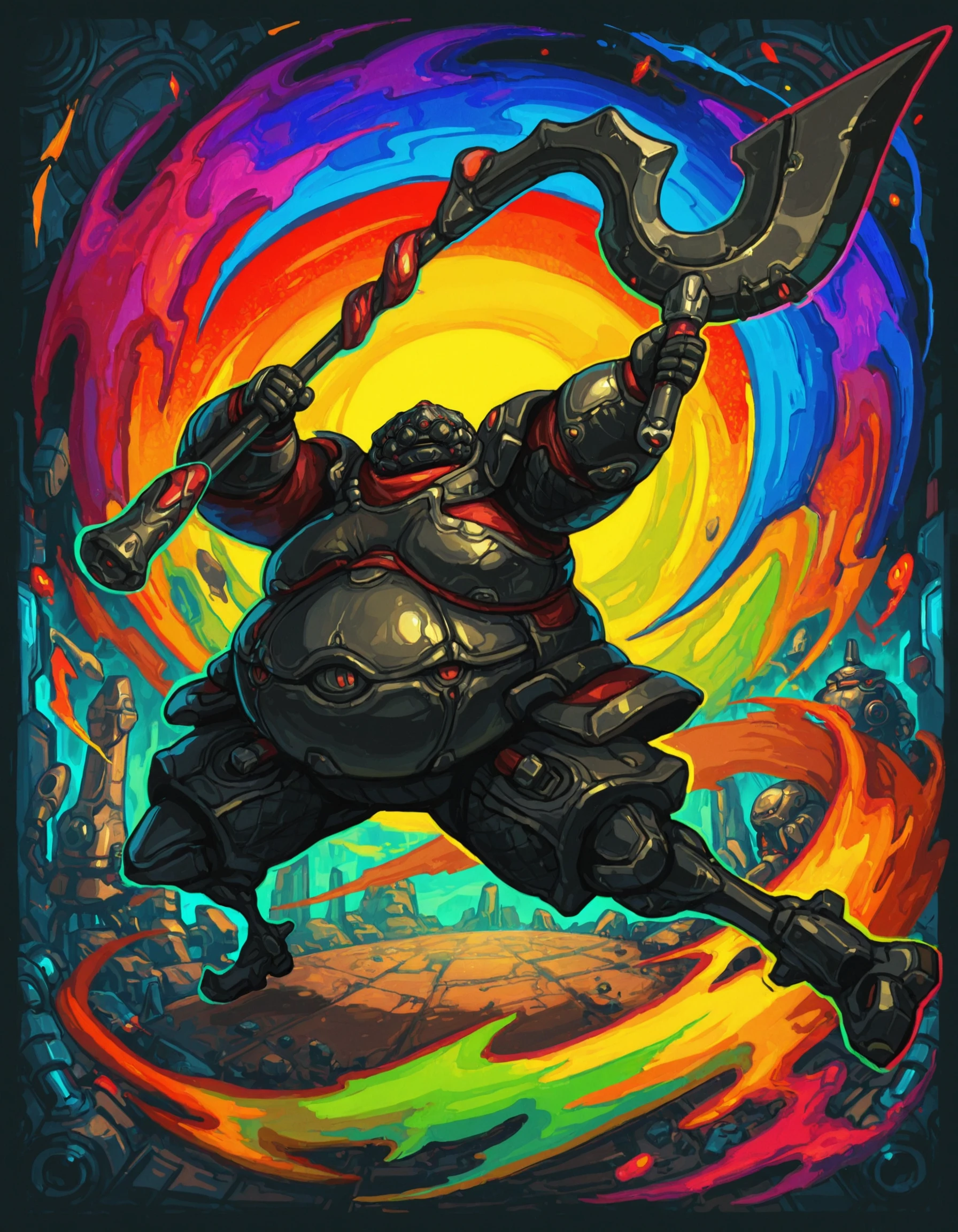 solo, robot, weapon, 1boy, armor, male focus, holding, kuva, dynamic pose <lora:Kuva_Guardian_warframeIIIustriousComission_LoRA:0.8>,  <lora:multfx-colorsplash:0.8> multfx, colored shading, colorful shading,