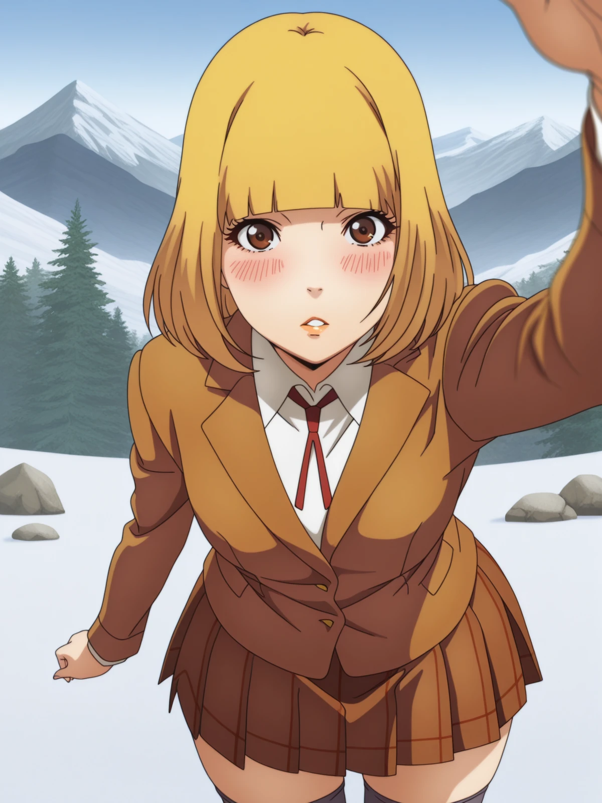 masterpiece, best quality, amazing quality,, <lora:hana-midorikawa-s1-illustriousxl-lora-nochekaiser:1>, hana midorikawa, short hair, bangs, blonde hair, brown eyes, blunt bangs, mature female, small breasts, anime screencap, skirt, shirt, thighhighs, black thighhighs, zettai ryouiki, blazer, brown blazer, brown skirt, <lora:incoming-headpat-illustriousxl-lora-nochekaiser:1>, incoming headpat, headpat, pov, outstretched arm, reaching, reaching towards viewer, looking at viewer, parted lips, blush, cowboy shot, mountain, rock, height, snow, trees, cowboy shot, solo, looking at viewer,