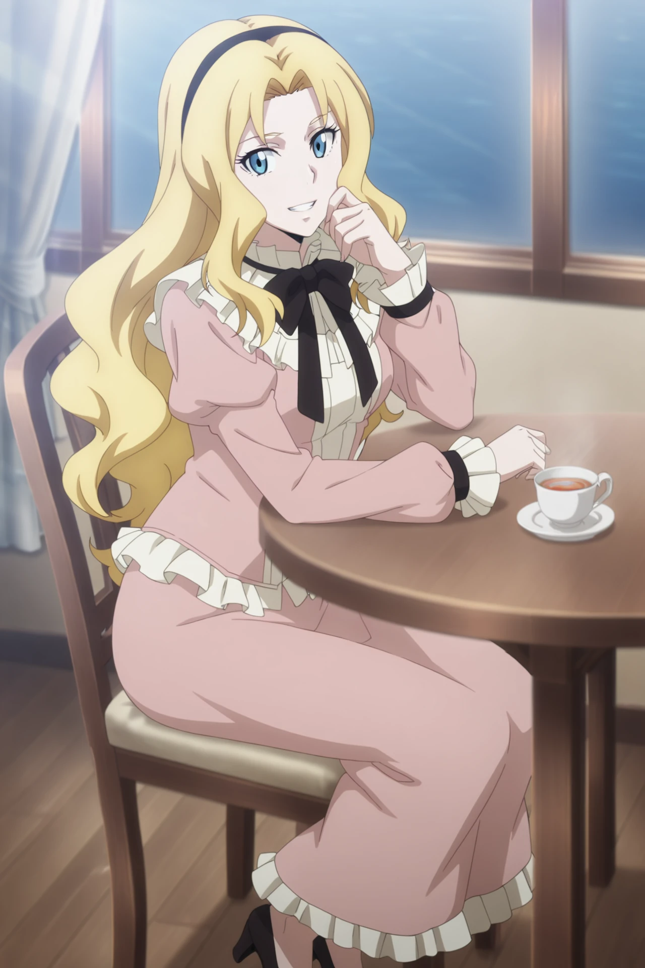 masterpiece, best quality, looking at viewers,
<lora:Marrine_Kreische_PinkDress:.8> Marrine_Kreische_PinkDress, 1girl, solo, long hair, smile, blue eyes, blonde hair, long sleeves, puffy sleeves, hair band, frilled sleeves, juliet sleeves, pink dress, puffy long sleeves, black bowtie, anime coloring, parted bangs, hair intakes, pink shirt, high heels, sitting, chair, tea, table, cafe, hand on face, frontal view, window, grin,, <lora:Smooth_Quality:1>Smooth_Quality