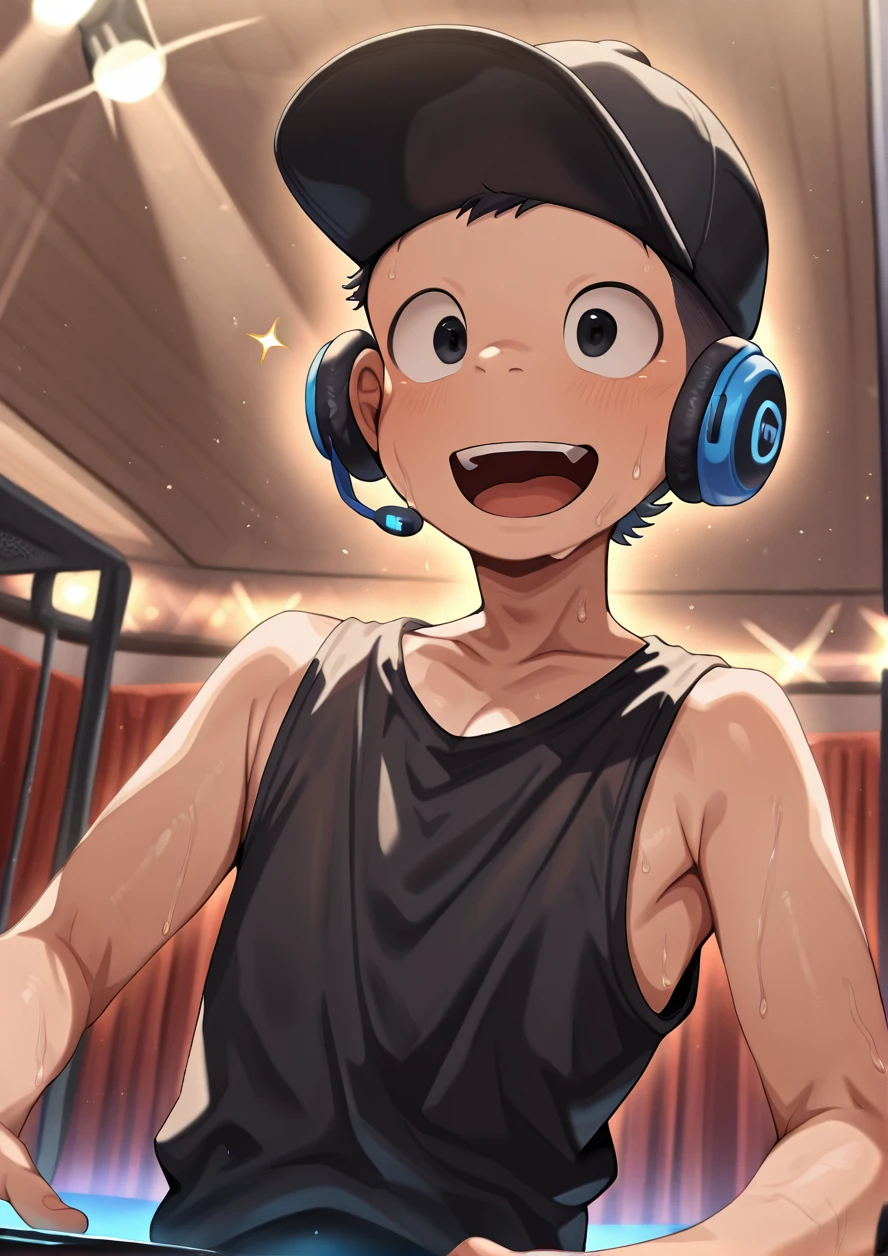 masterpiece, best quality, good quality,1boy,solo,black hair,very short hair,dance hall,music room,lighting,dj,headphone,headwear,black baseball cap,singing,sweat,black tanktop,wink,happy,open mouth,<lora:ããããwaryusya_IL7_128:1.1>