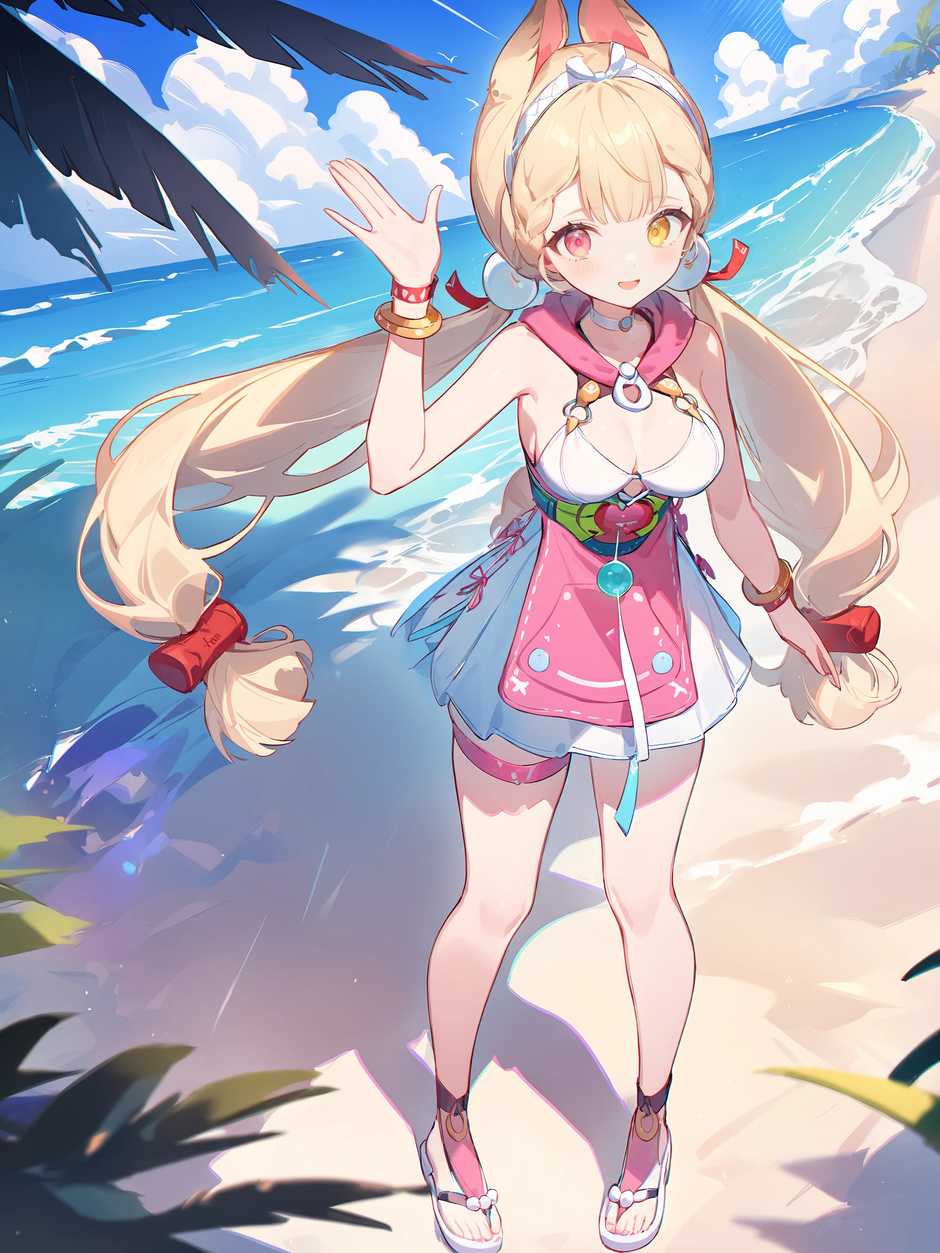 illustration, incredibly absurdres, ultra detailed, masterpiece, best quality, perfect features, intricate details, ray tracing, very aesthetic, (ask \(askzy\), hiten \(hitenkei\):0.7), <lora:Char-ZZZ-Alice-V1-XL:1:hr=0.6>, 1girl, alice thymefield, heterochromia, solo, braided bangs, twintails, hair bobbles, white hairband, white choker, pink hood, dress swimsuit, utility belt, bracelet, wristwatch, thigh strap, flip-flops, waving, looking at viewer, smile, open mouth, standing, contrapposto, full body, outdoors, beach, ocean, blue sky, cumulonimbus cloud, depth of field, depth of field