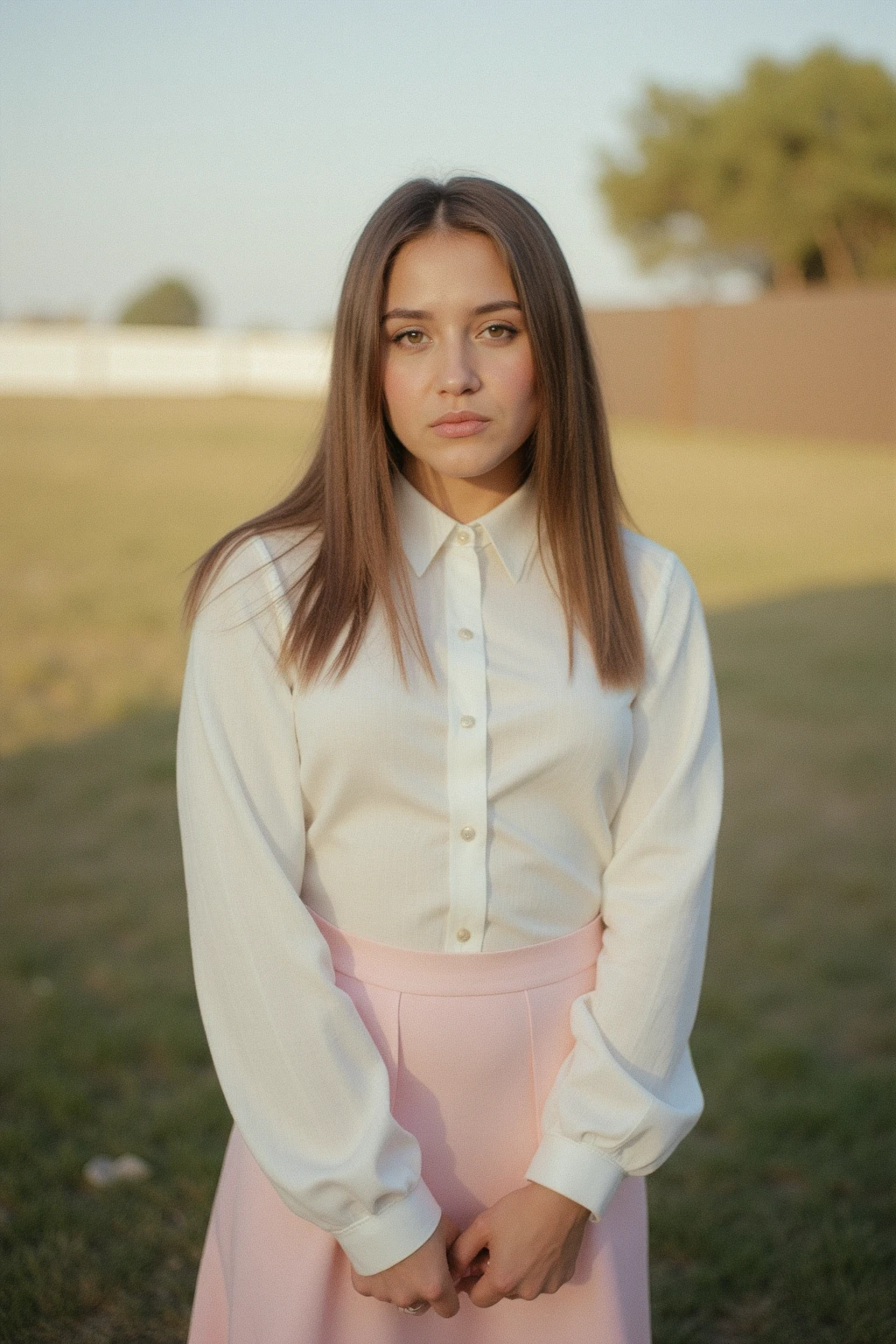 35mm film, Kodak Portra 400, fine grain, soft natural light, shallow depth of field, cinematic color grading, high dynamic range, realistic skin texture, subtle imperfections, light bloom, organic tones, analog feel, vintage lens flare, overexposed highlights, faded colors, film vignette, bokeh, candid composition, low exposure
Ohwx_woman, 18 year old, cute girl, innocent eyes,
slim waist, small breasts, hourglass figure, pubic hair, huge butt,
long skirt, loose full sleeve formal white shirt, outdoors, warm natural lights,