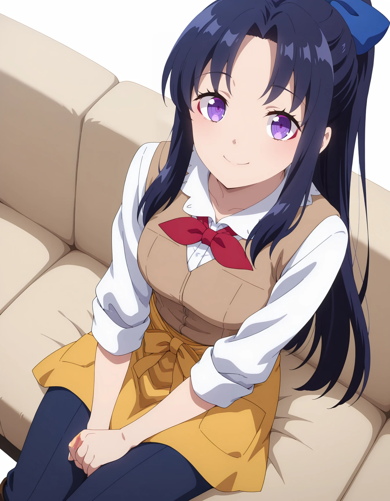 highres,very detailed,amazing quality,very aesthetic,anime screencap,
1girl,smile,solo,looking at viewer,dutch angle,foreshortening,sitting sofa,cowboy shot,from above,(simple background,white background:1.2),
purple eyes,red eyeshadow,hair intakes,blue hair,long hair,ponytail,blue hairbow,
brown vest,white shirt,red neckribbon,yellow waist apron,blue pants,brown boots,<lora:FLIAW_Fraurem 2:1>