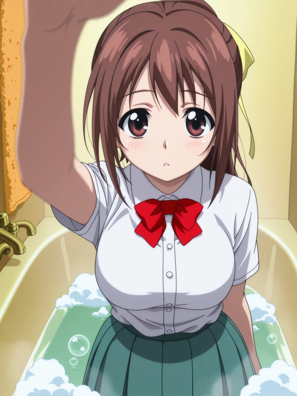 masterpiece, best quality, amazing quality,, <lora:sohara-mitsuki-s2-illustriousxl-lora-nochekaiser:1>, sohara mitsuki, long hair, brown hair, bow, ribbon, brown eyes, hair ribbon, ponytail, mature female, medium breasts, anime screencap, skirt, bow, ribbon, green skirt, pleated skirt, short sleeves, white shirt, collared shirt, buttons, bowtie, red bowtie, <lora:incoming-headpat-illustriousxl-lora-nochekaiser:1>, incoming headpat, headpat, pov, outstretched arm, reaching, reaching towards viewer, looking at viewer, bathtub, water, bubbles, steam, towel, cowboy shot, solo, looking at viewer,