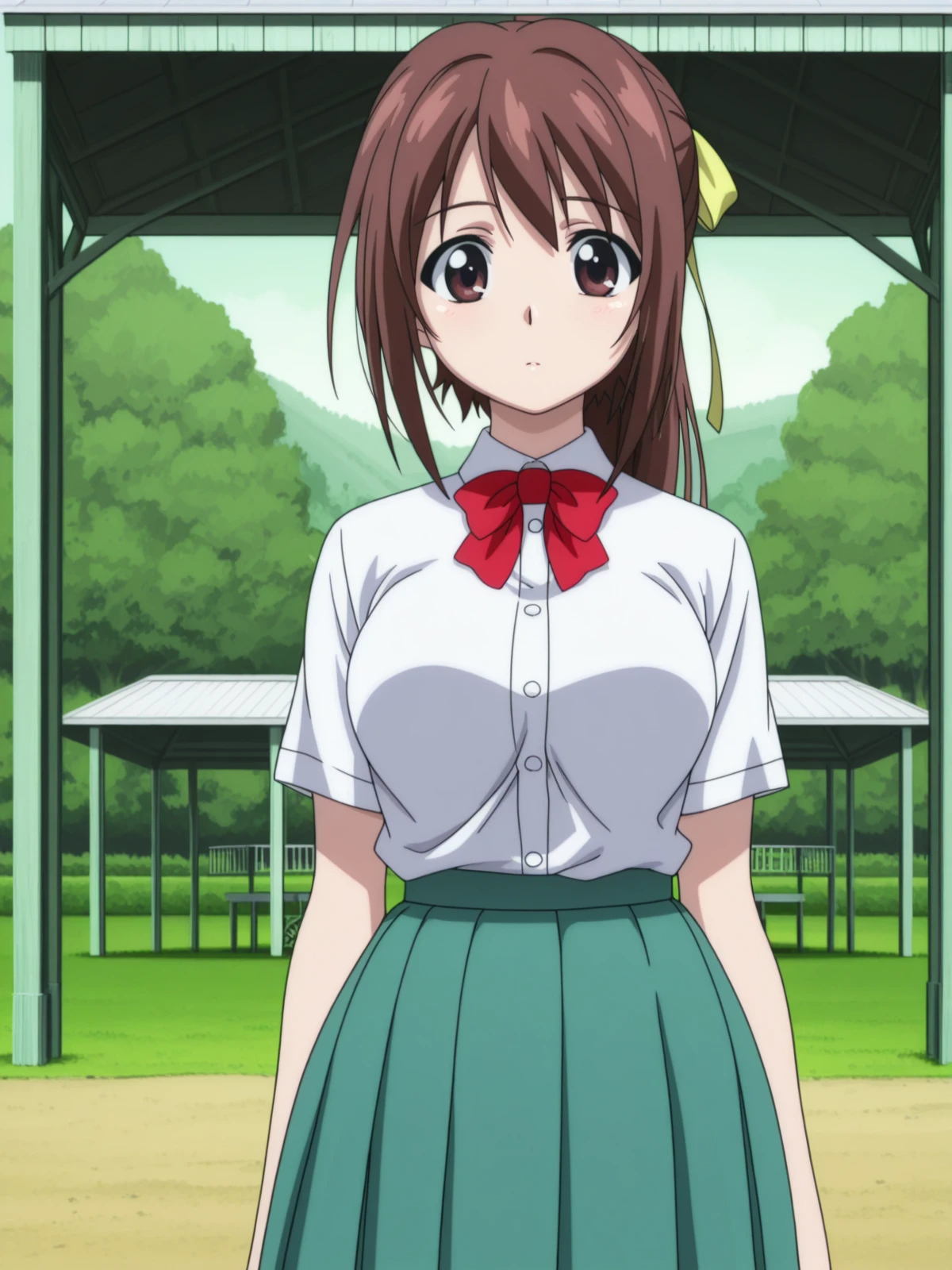 masterpiece, best quality, amazing quality,, <lora:sohara-mitsuki-s2-illustriousxl-lora-nochekaiser:1>, sohara mitsuki, long hair, brown hair, bow, ribbon, brown eyes, hair ribbon, ponytail, mature female, medium breasts, anime screencap, skirt, bow, ribbon, green skirt, pleated skirt, short sleeves, white shirt, collared shirt, buttons, bowtie, red bowtie, <lora:dynamic-pose-illustriousxl-lora-nochekaiser:1>, dynamic pose, cowboy shot, gazebo, park, shelter, outdoors, wooden, cowboy shot, solo, looking at viewer,