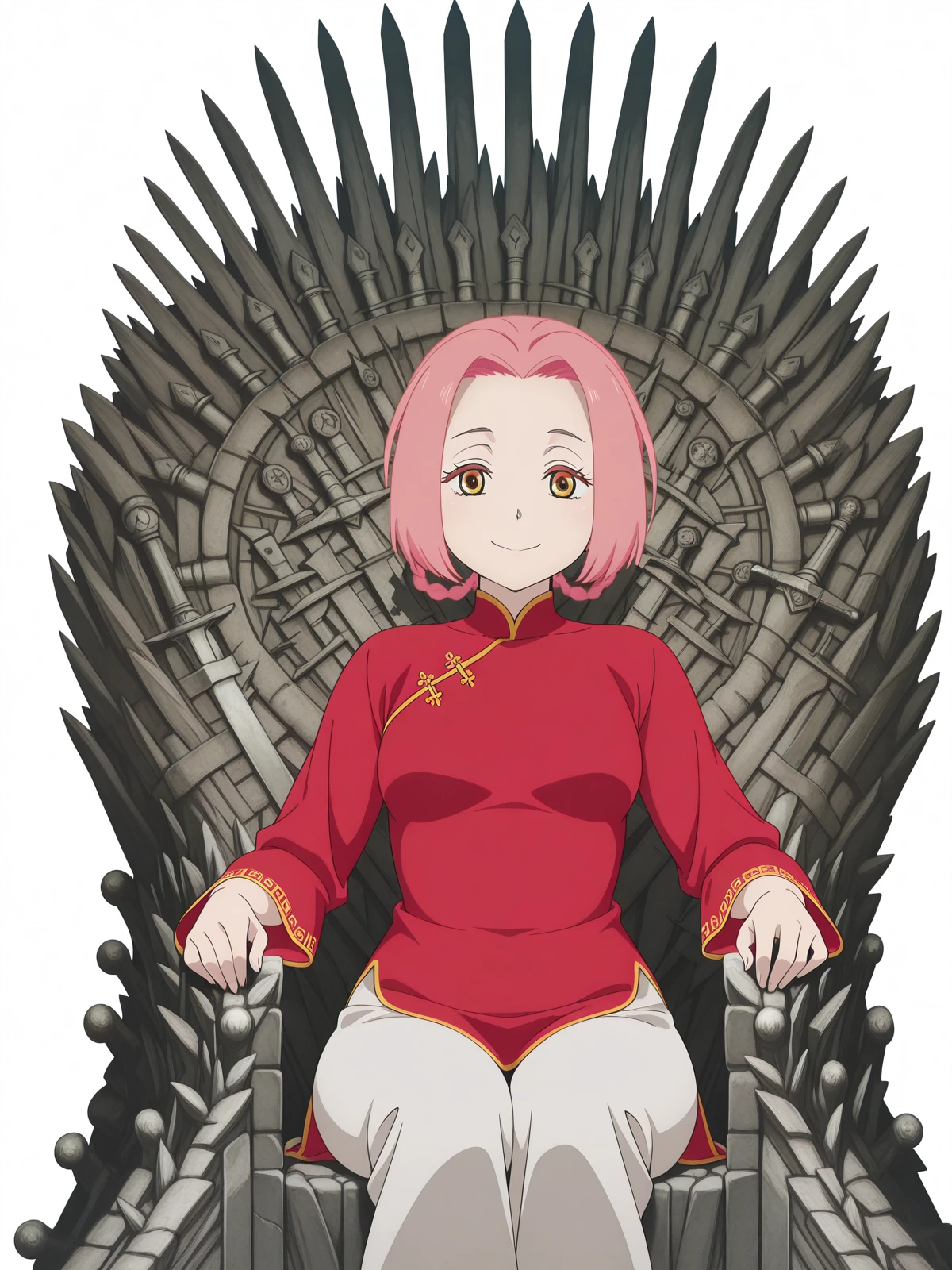 masterpiece, best quality, amazing quality,, <lora:jigoku-mei-s1-illustriousxl-lora-nochekaiser:1>, mei, short hair, pink hair, hair rings, parted bangs, braid, yellow eyes, mature female, small , anime screencap, pants, red shirt, chinese clothes, long sleeves, <lora:iron-throne-illustriousxl-lora-nochekaiser:1>, iron throne, sitting, looking at viewer, sword, throne, sitting on throne, smile, feet out of frame, elbow rest, graveyard, tombstones, dark, trees, eerie, cowboy shot, solo, looking at viewer, <lora:transparent-background-illustriousxl-lora-nochekaiser:1>, transparent background, simple background, white background