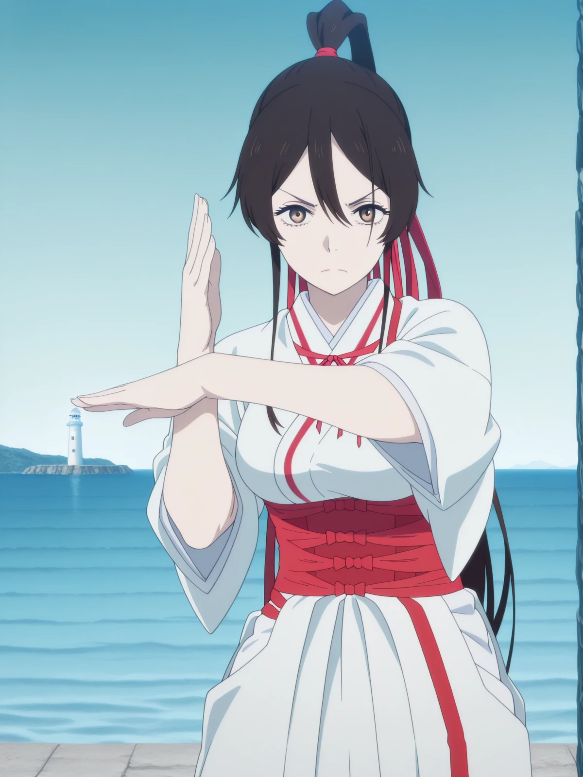 masterpiece, best quality, amazing quality,, <lora:sagiri-yamada-asaemon-s1-illustriousxl-lora-nochekaiser:1>, sagiri yamada asaemon, long hair, black hair, ponytail, high ponytail, brown eyes, mature female, medium breasts, anime screencap, japanese clothes, kimono, hakama,, <lora:ultrabeam-illustriousxl-lora-nochekaiser:1>, ultrabeam, solo, standing, hands up, cowboy shot, straight-on, looking at viewer, serious,, lighthouse, light, sea, tall, guidance, cowboy shot, solo, looking at viewer,