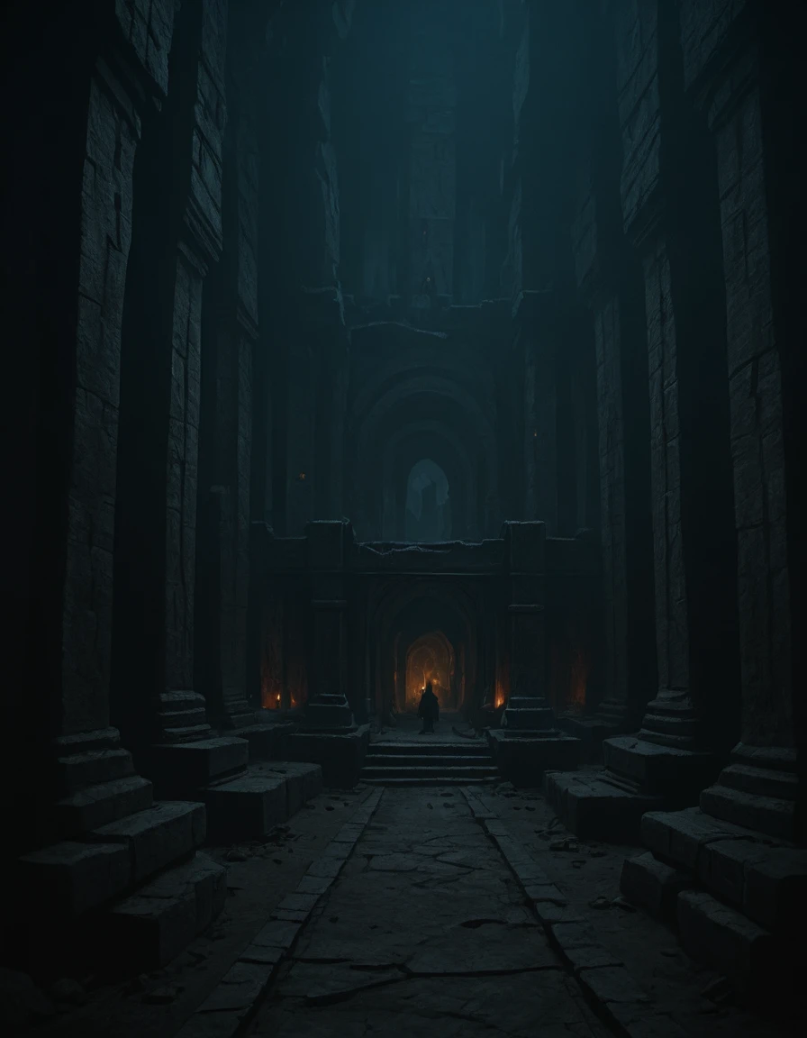 <lora:MW_Dwarven_p1ill:1> mwd01d, dark dwarven underground massive hall, wide stone columns, pathway in the shadows, deep underground, pitch black,
