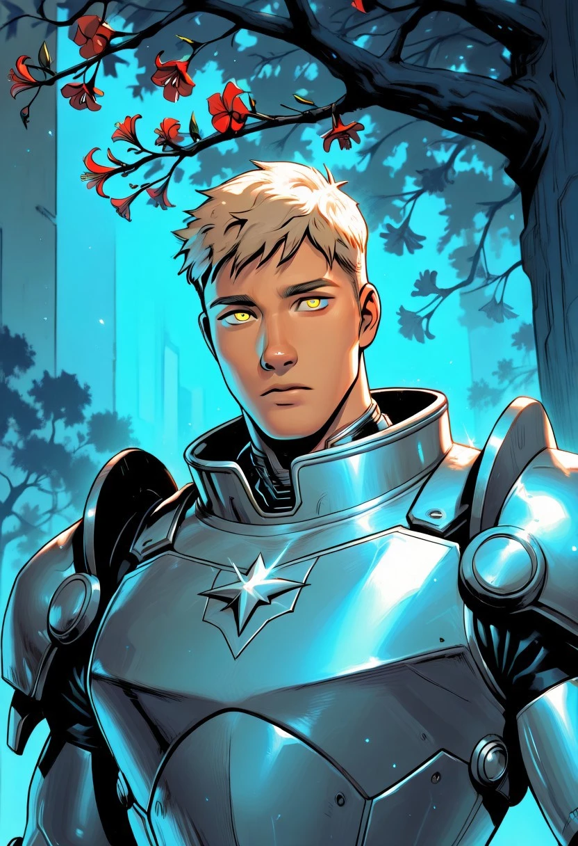 masterpiece, best quality,
flower, tree, cool lighting, limited palette, abstract, amaryllis, cool, blue theme, glowing lines,
solo, male focus, bara, laios touden, 1boy, cyborg, platinum blonde, yellow eyes, full armor, armor, sparkling, dynamic angle, close-up, dc comics